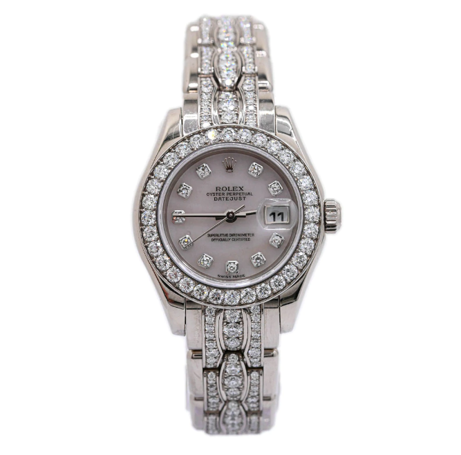 ROLEX LADIES PEARLMASTER WHITE GOLD 29MM WHITE MOP DIAMOND DIAL WATCH REFERENCE #: 80299