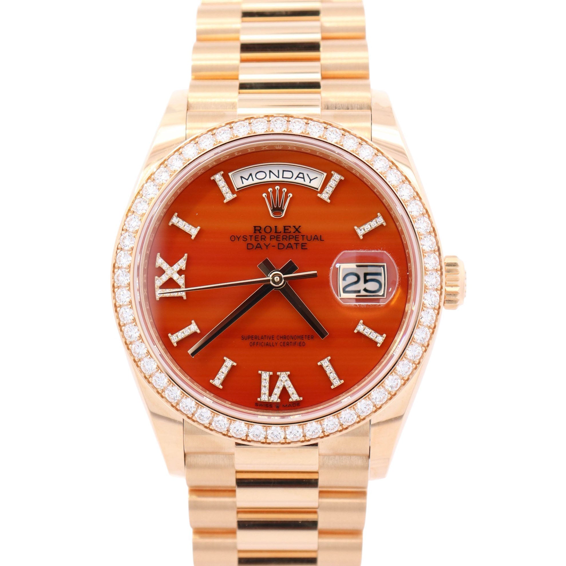 Rolex Day-Date 36mm Carnelian Dial Watch Ref# 128348RBR – Happy