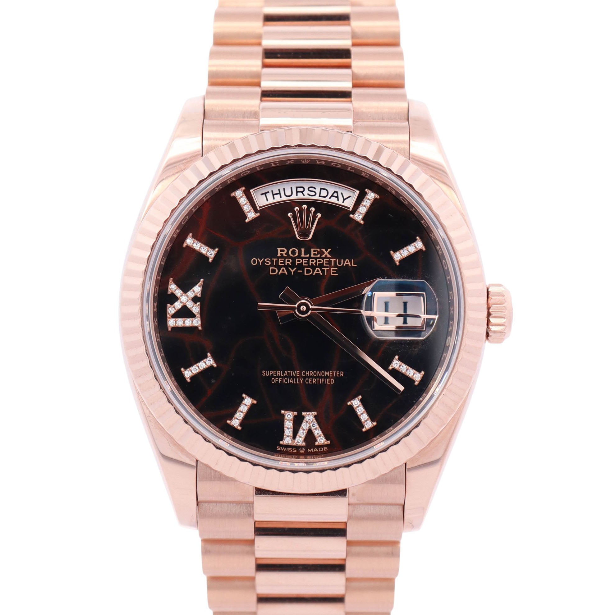 Rolex Day-Date 36mm Eisenkiesel Diamond Roman Dial Watch Ref# 128235