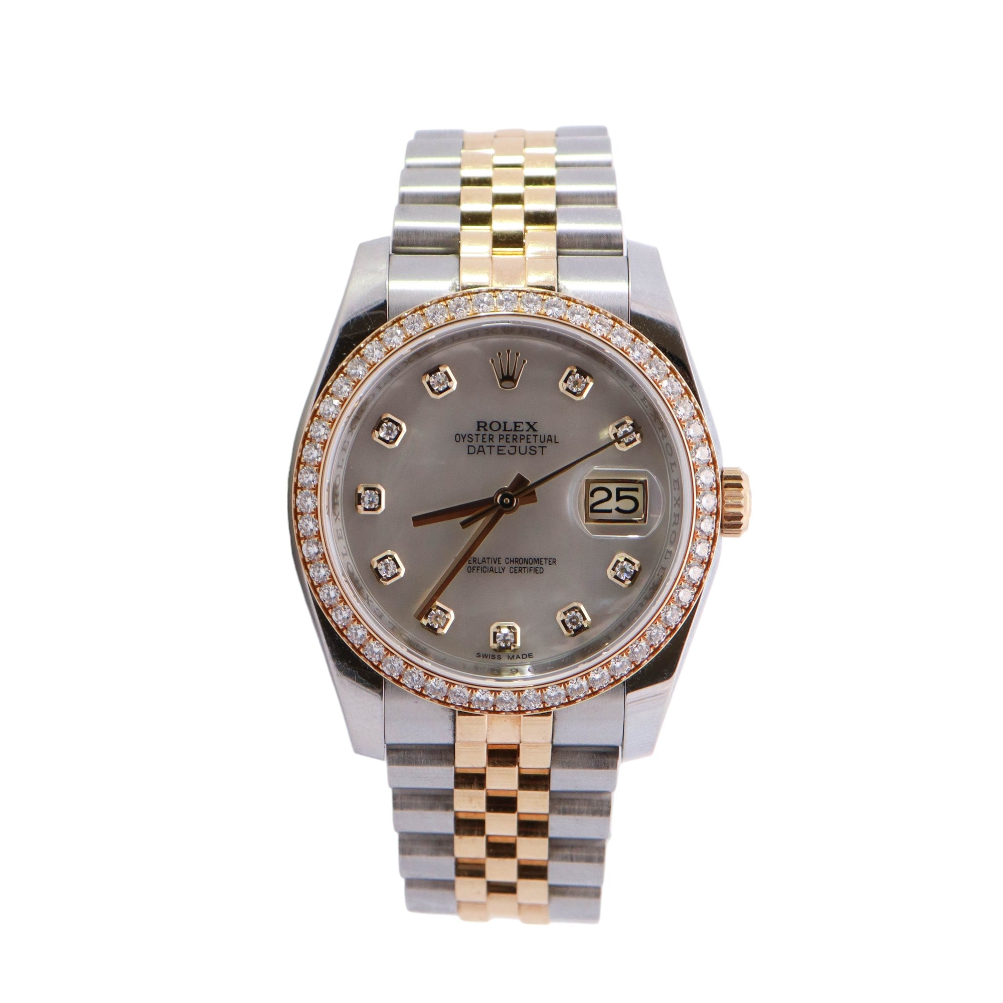 Rolex Datejust 36mm Two Tone Stainless Steel & Yellow Gold Factory Mother Of Pearl Diamond Dial Watch Reference #: 116243 - Happy Jewelers Fine Jewelry Lifetime Warranty