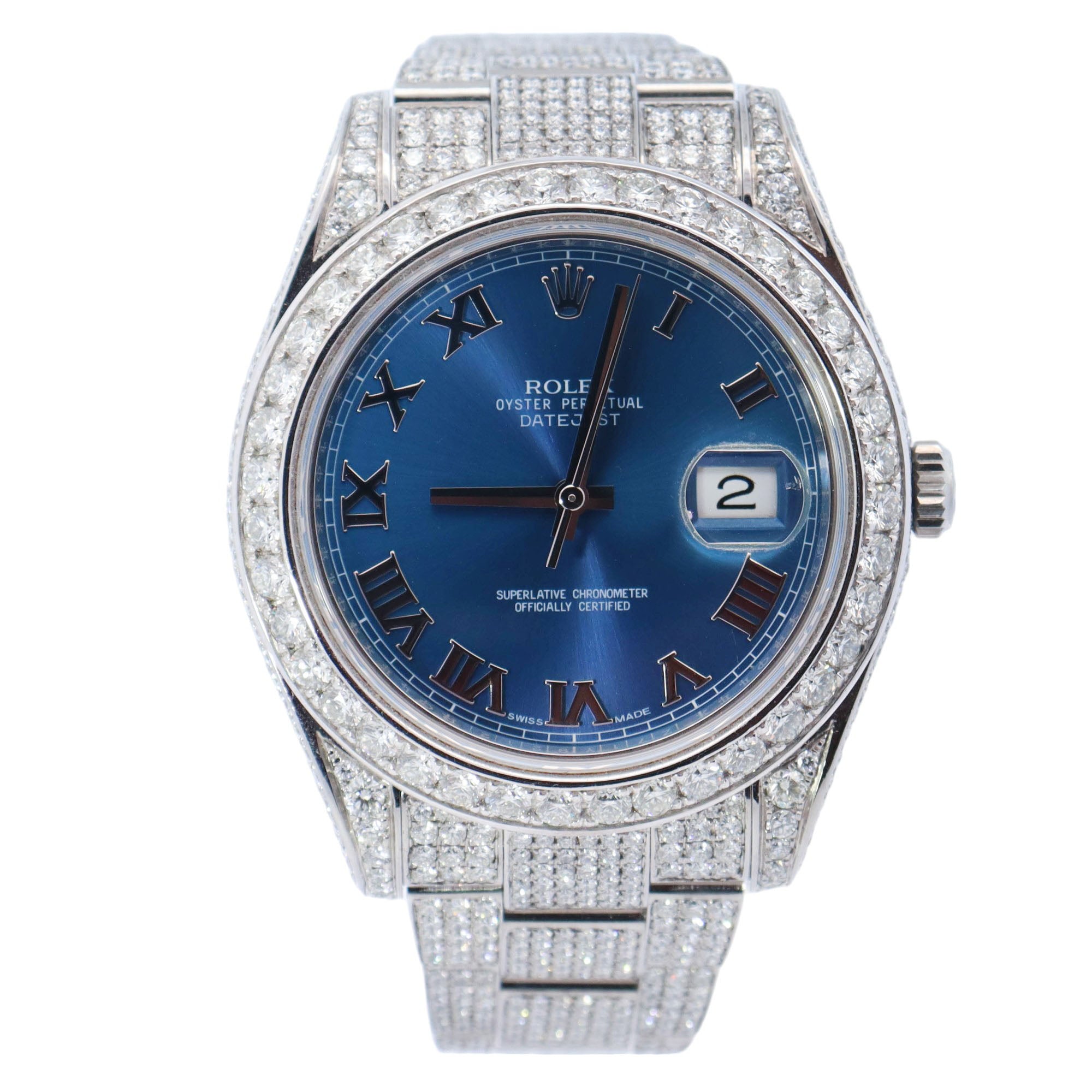 Rolex Datejust Stainless Steel 41mm Custom Iced Out Blue Roman Dial Watch Reference# 116334 - Happy Jewelers Fine Jewelry Lifetime Warranty