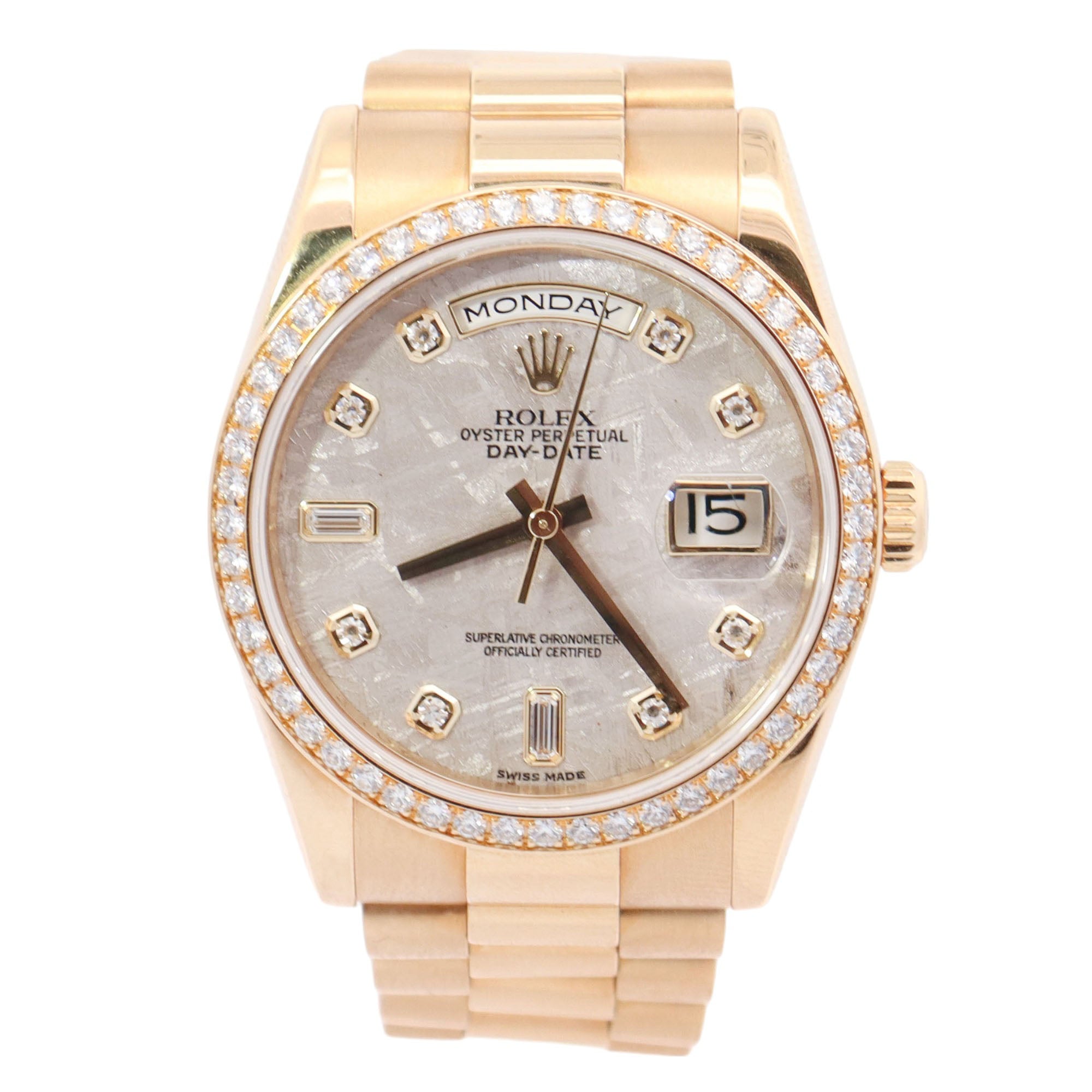 Rolex Day-Date Yellow Gold 36mm Meteorite Diamond Dial Watch Reference# 118348 - Happy Jewelers Fine Jewelry Lifetime Warranty