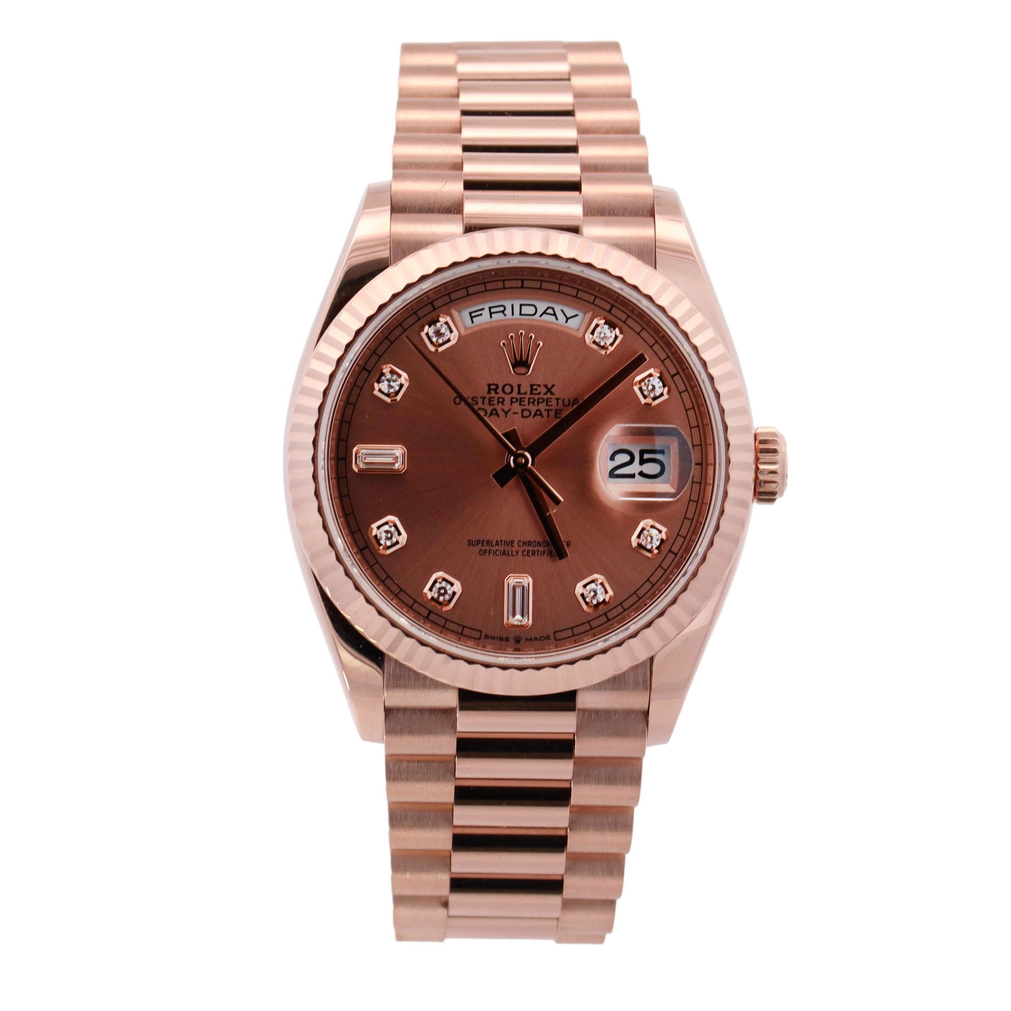Rolex Day-Date Rose Gold 36mm Pink Sundust Diamond Dial Watch Reference# 128235 - Happy Jewelers Fine Jewelry Lifetime Warranty