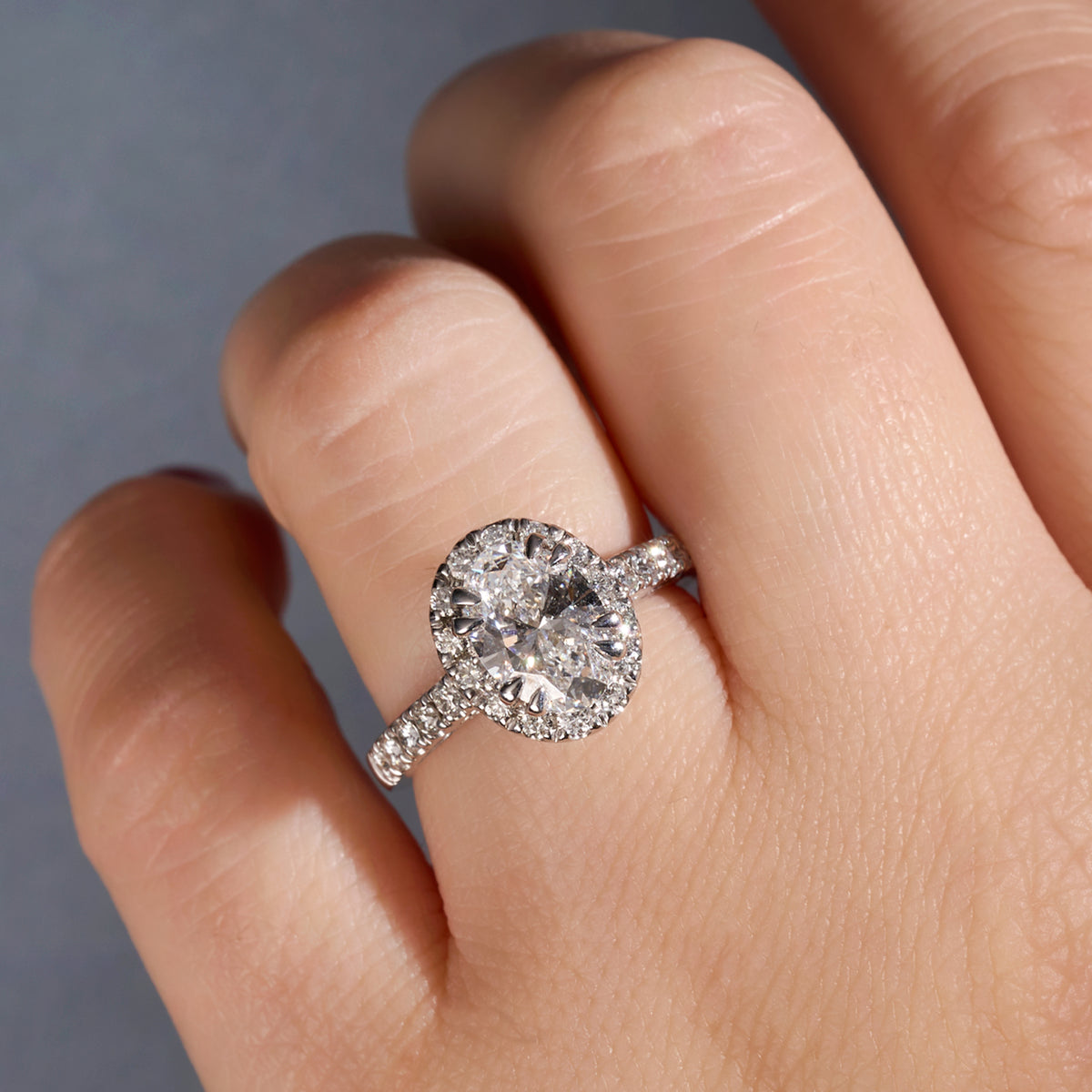 1.73 Oval Lab Diamond Engagement Ring with Halo and Flower Basket
