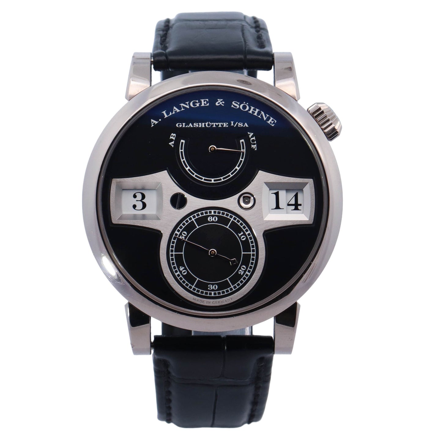 A. Lange & Sohne Zeitwerk White Gold 42mm Black Arabic Dial Watch Reference# 140.029 - Happy Jewelers Fine Jewelry Lifetime Warranty
