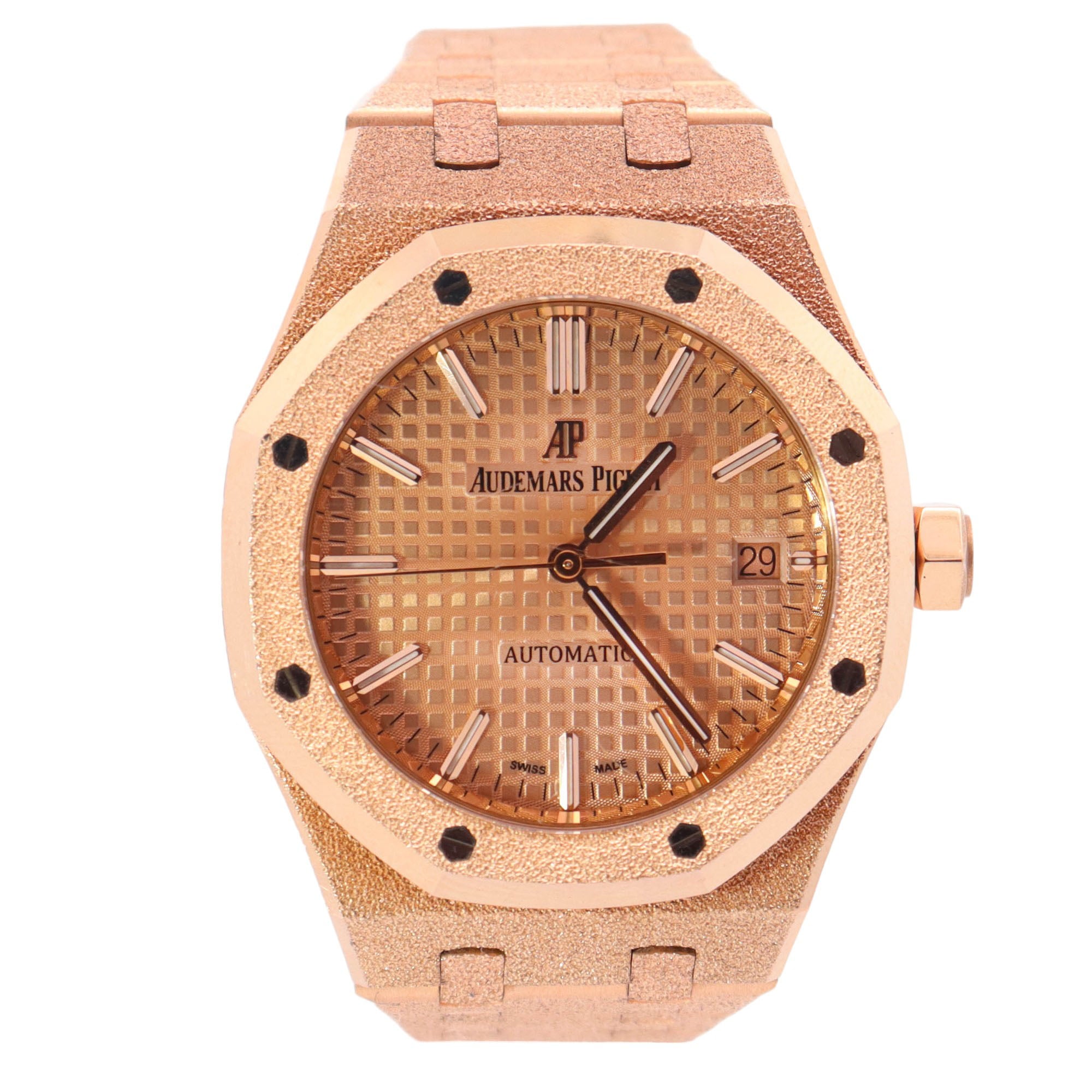 Audemars Piguet Royal Oak Frosted Rose Gold Salmon Stick Dial Watch Reference# 15454OR.GG.1259OR.03 - Happy Jewelers Fine Jewelry Lifetime Warranty