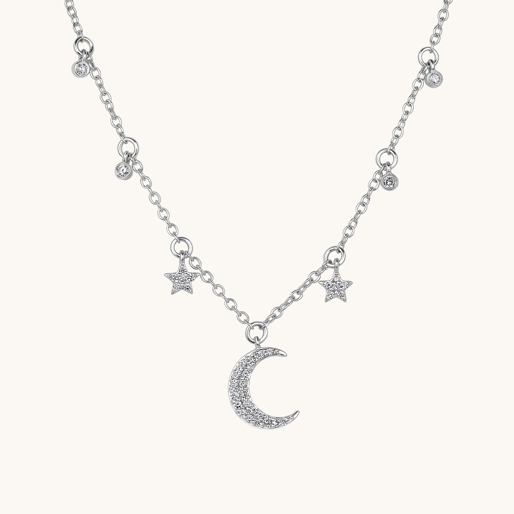 Diamond Moon and Stars Dainty Necklace