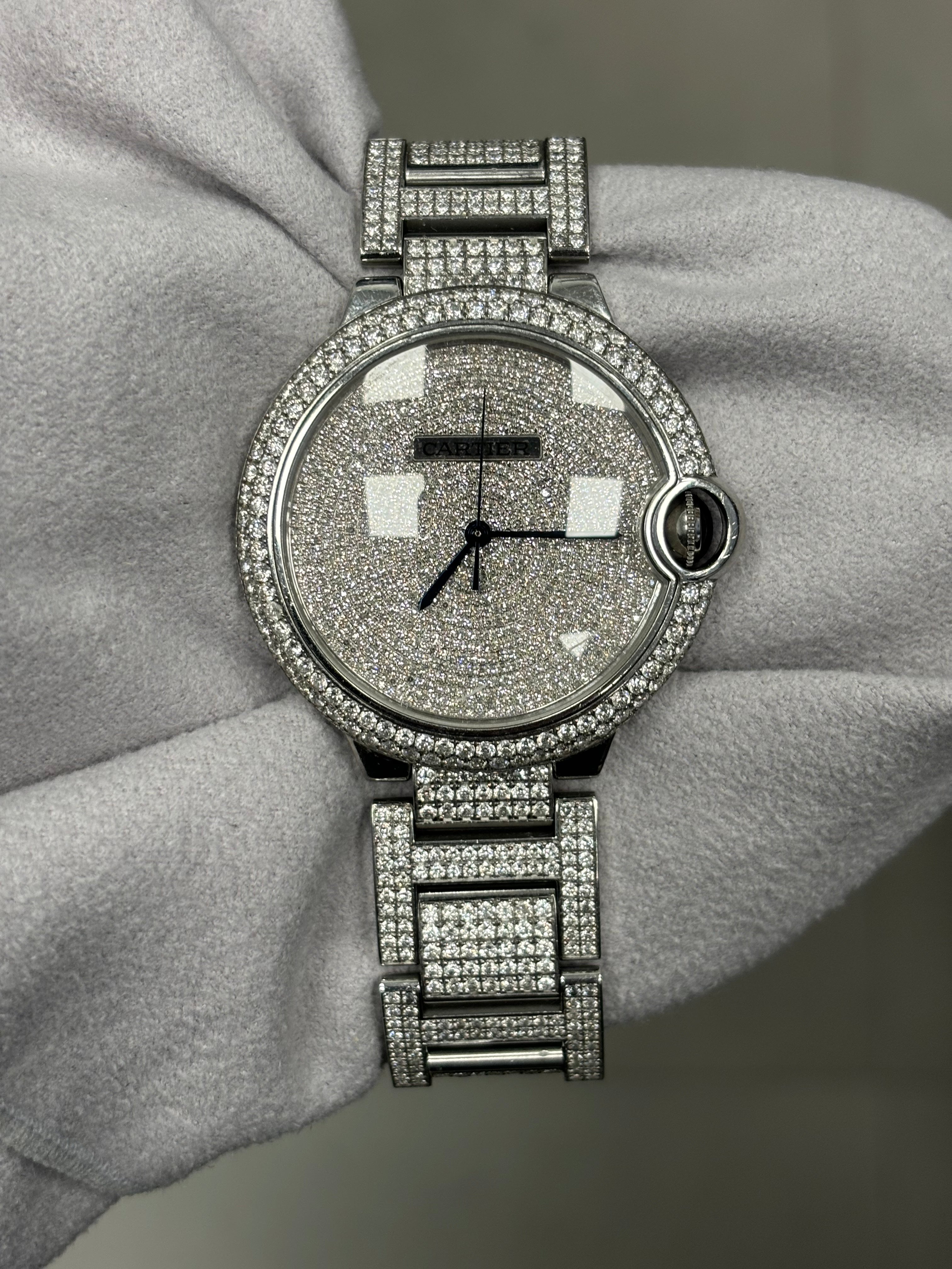 Cartier Ballon Bleu Stainless Steel 42mm Custom Pave Dial Watch Reference #: W69012Z4 - Happy Jewelers Fine Jewelry Lifetime Warranty