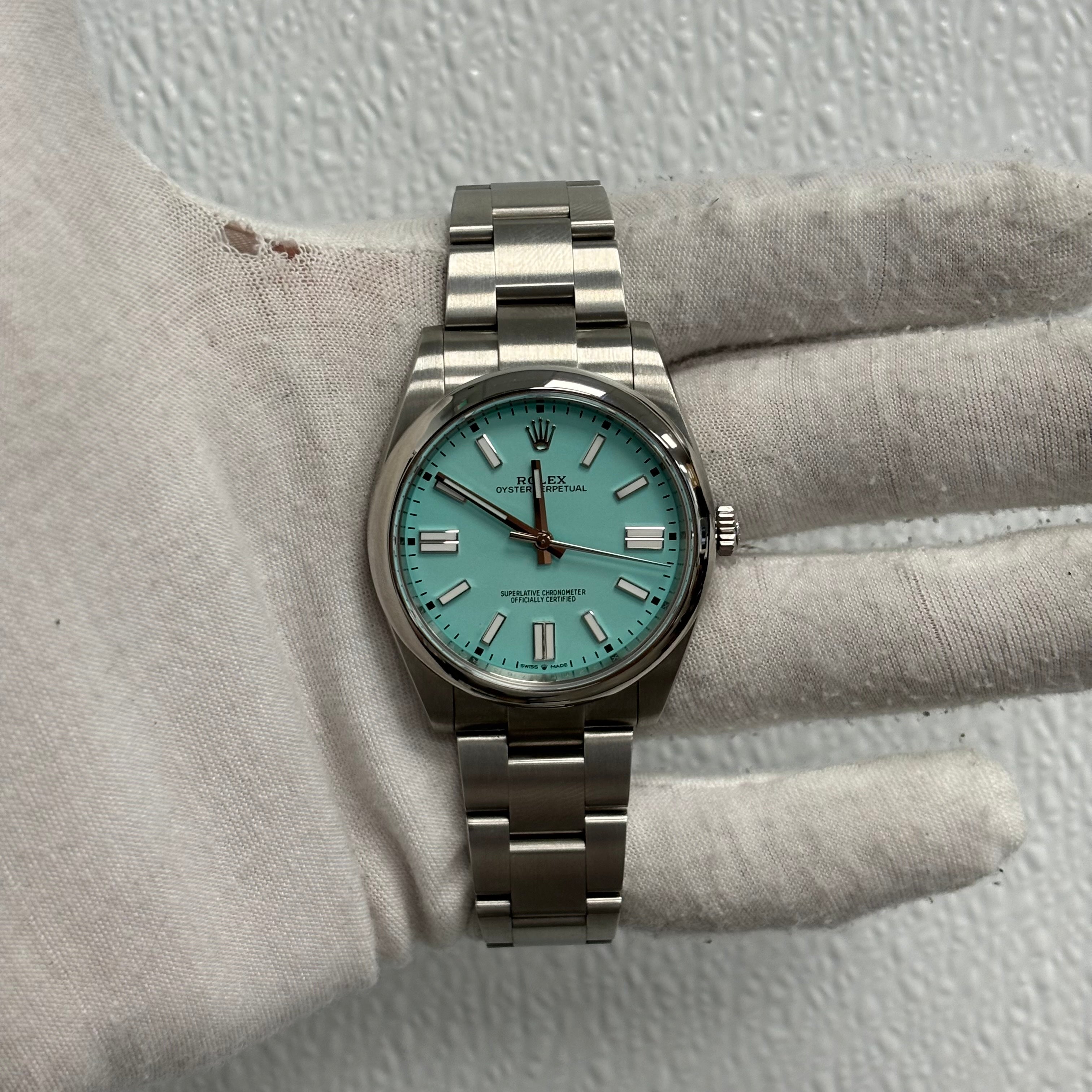 Rolex Oyster Perpetual 41mm Turquoise Stick Dial Watch Ref# 124300 - Happy Jewelers Fine Jewelry Lifetime Warranty