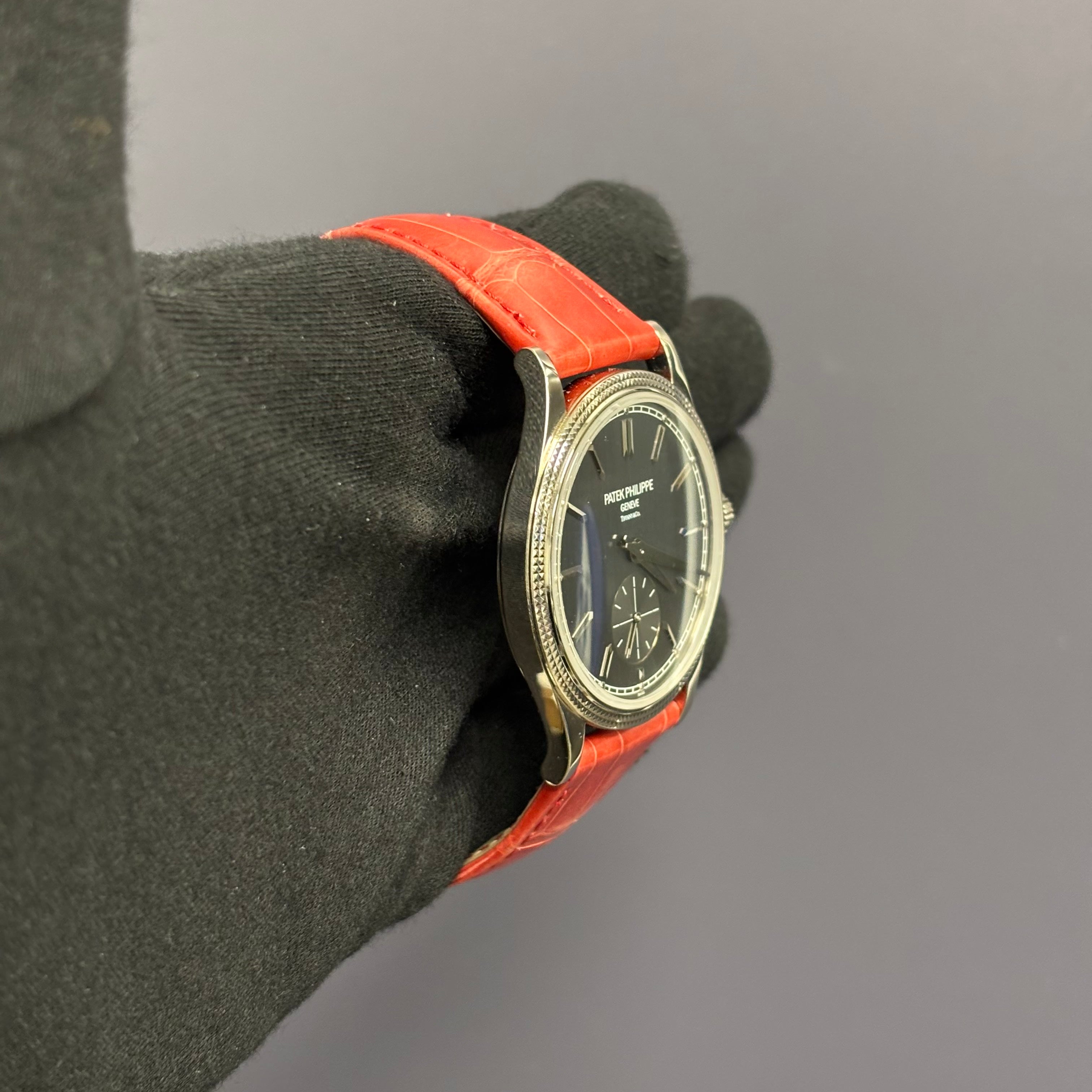 Patek Philippe Calatrava 39mm Tiffany & Co Stamped Grey Watch Dial Ref# 6119G-001 - Happy Jewelers Fine Jewelry Lifetime Warranty