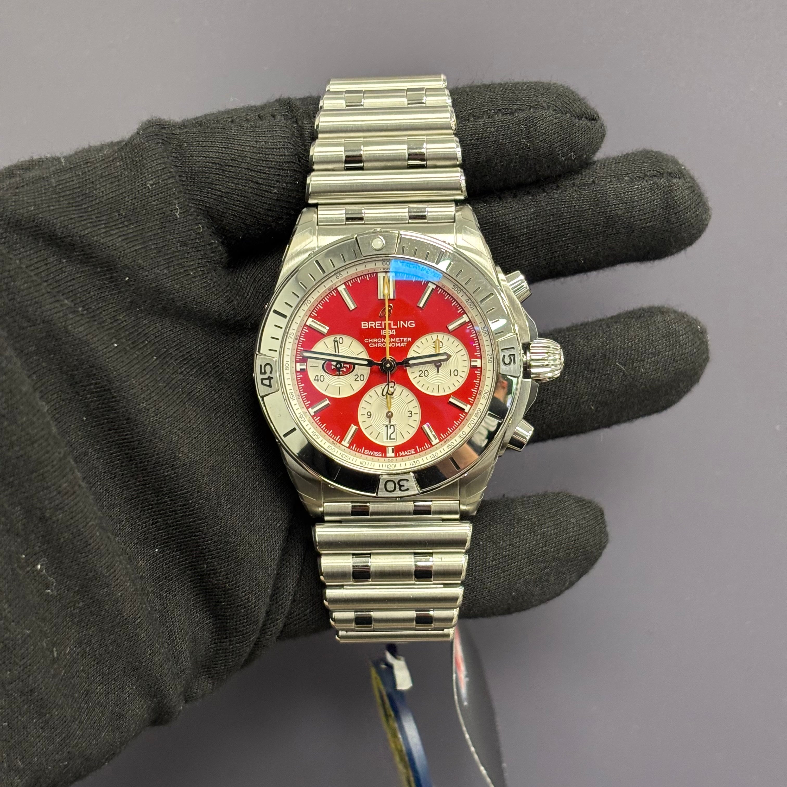 Breitling Chronomat 42mm Red Dial Watch Ref# AB0134 - Happy Jewelers Fine Jewelry Lifetime Warranty