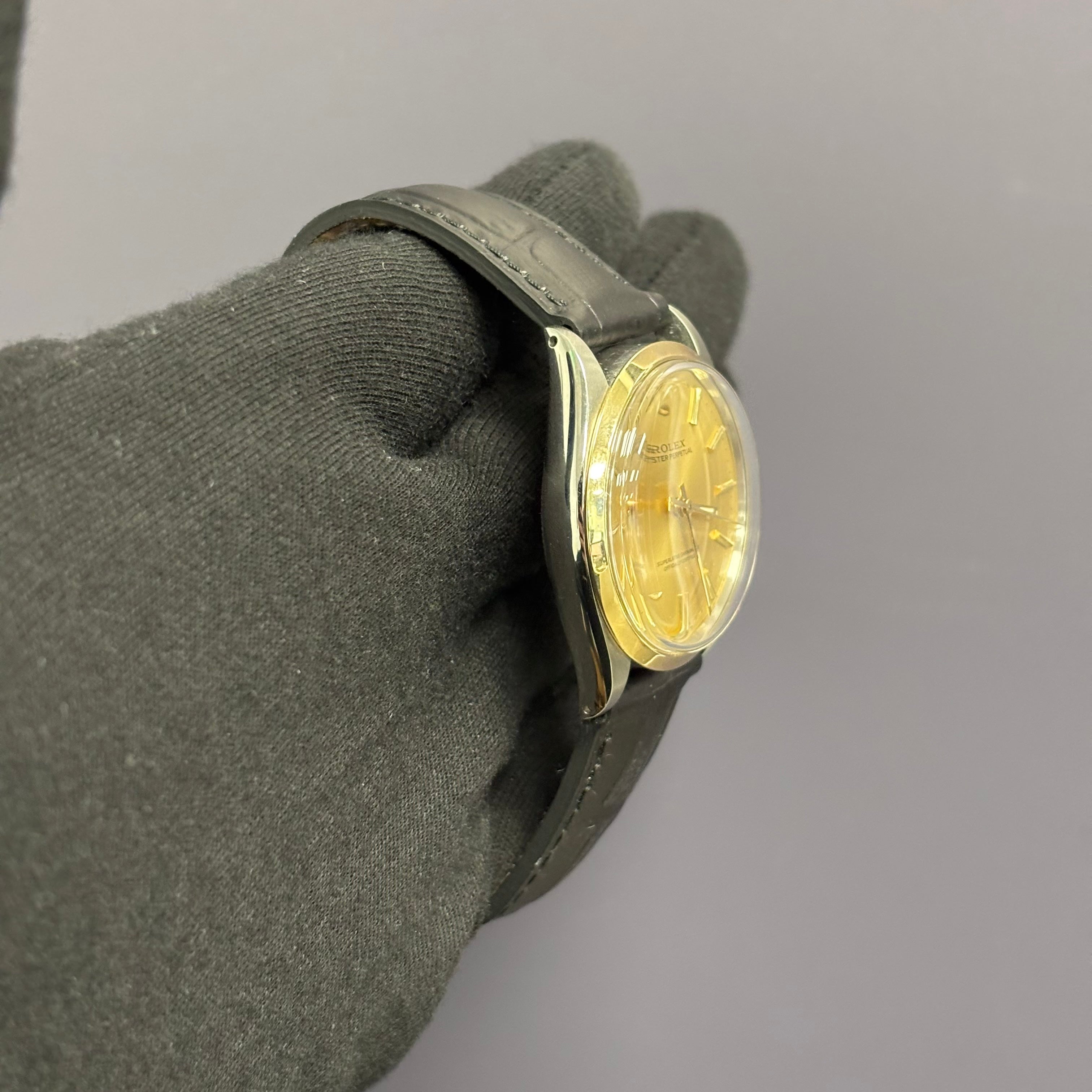 Rolex Oyster Perpetual 34mm Champagne Dial Watch Ref# 1002 - Happy Jewelers Fine Jewelry Lifetime Warranty