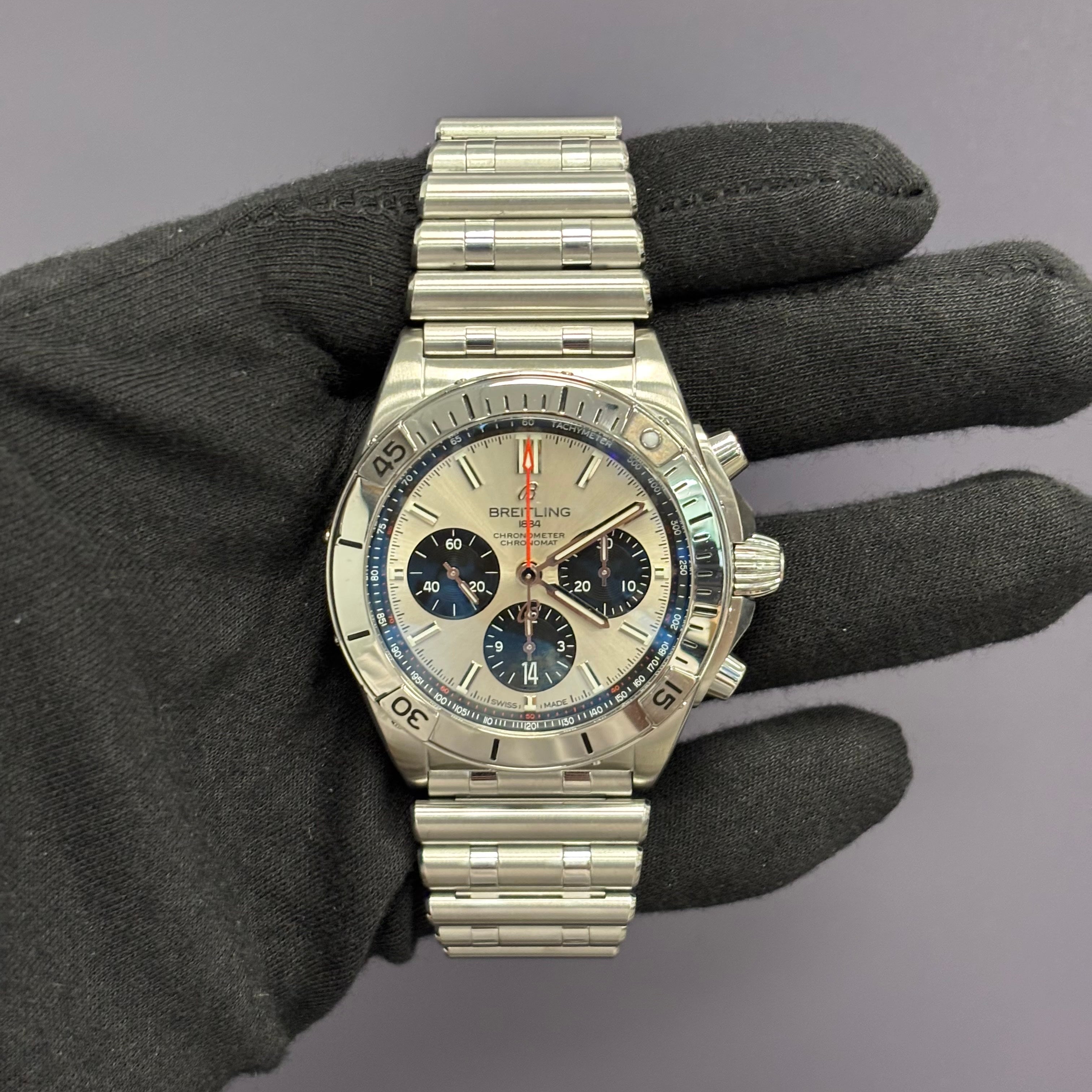 Breitling Chronomat 42mm Silver Dial Watch Ref# AB0134 - Happy Jewelers Fine Jewelry Lifetime Warranty