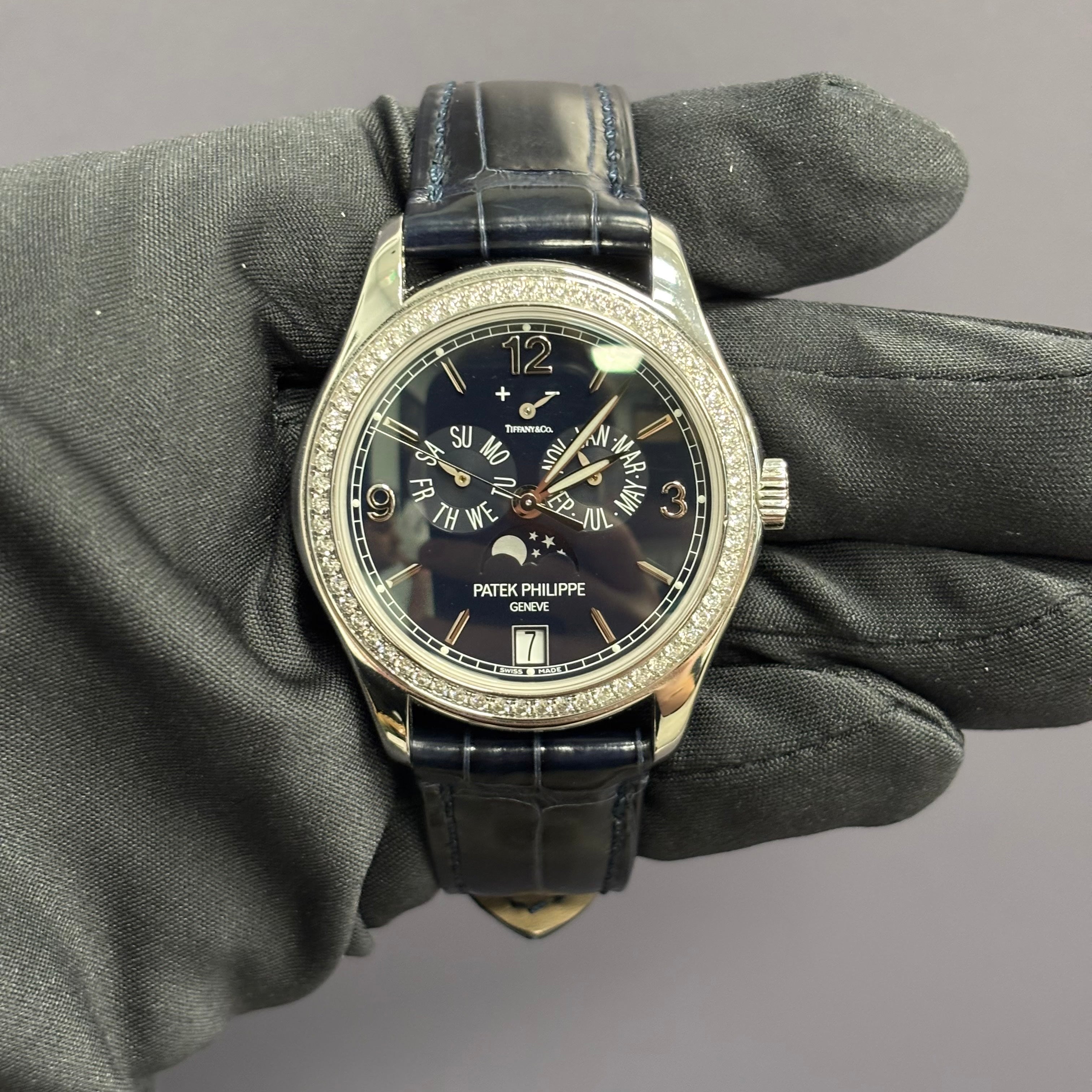 Patek Philippe TIFFANY STAMPED Annual Calendar 39mm Blue Dial Watch Ref# 5147G-001 - Happy Jewelers Fine Jewelry Lifetime Warranty