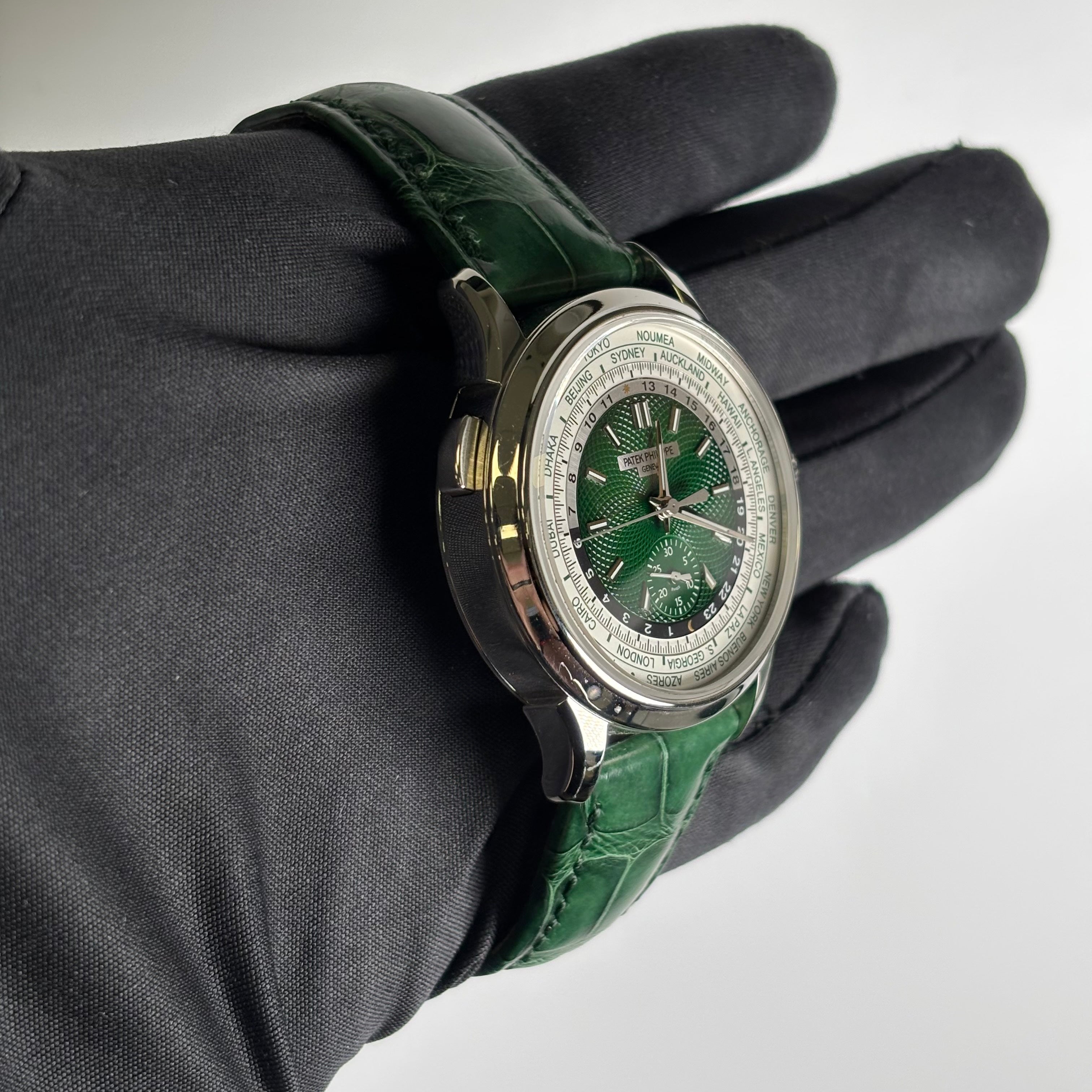 Patek Philippe World Time 39.5mm Green Dial Watch Ref# 5930P-001 - Happy Jewelers Fine Jewelry Lifetime Warranty