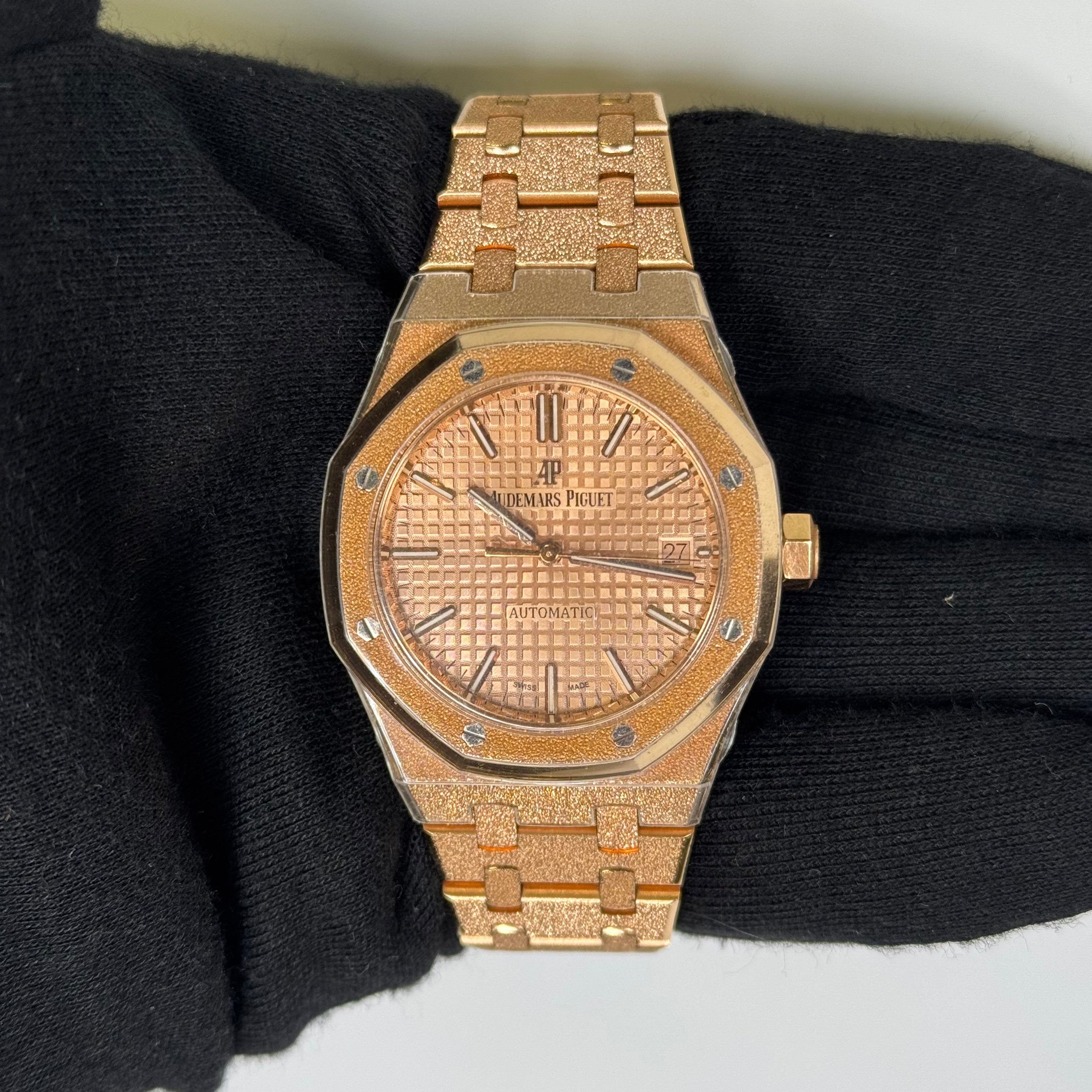 Audemars Piguet Royal Oak Frosted Rose Gold Salmon Stick Dial Watch Reference# 15454OR.GG.1259OR.03 - Happy Jewelers Fine Jewelry Lifetime Warranty