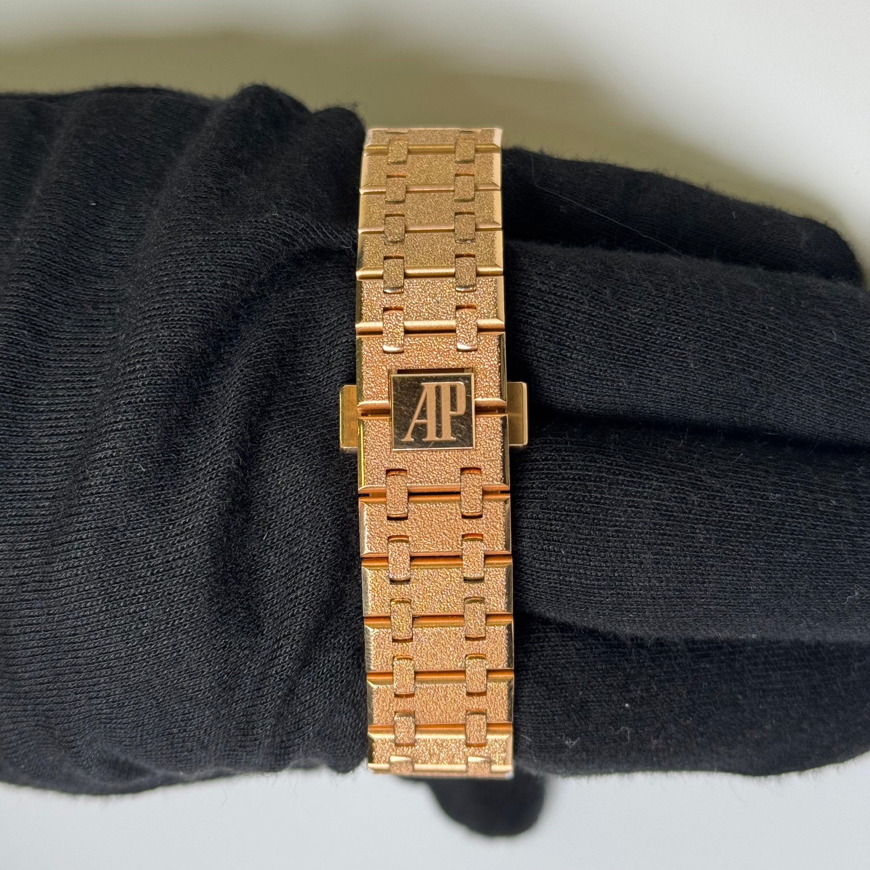 Audemars Piguet Royal Oak Frosted Rose Gold Salmon Stick Dial Watch Reference# 15454OR.GG.1259OR.03 - Happy Jewelers Fine Jewelry Lifetime Warranty