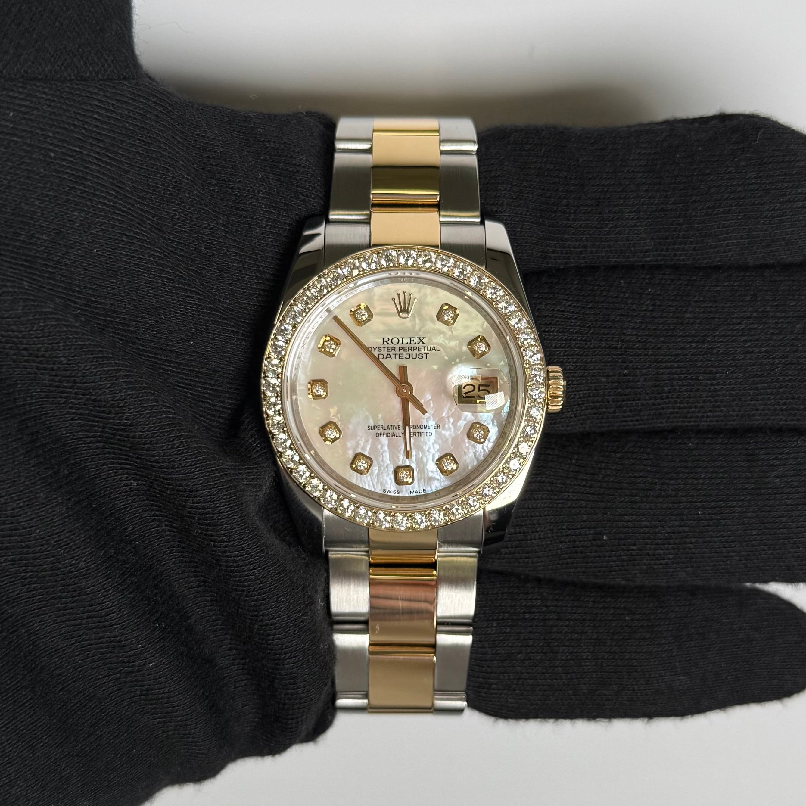 Rolex Unisex Datejust 18KT Yellow Gold & Steel 36mm MOP Diamond Dial Watch Custom Diamond Bezel on Oyster Bracelet - Happy Jewelers Fine Jewelry Lifetime Warranty