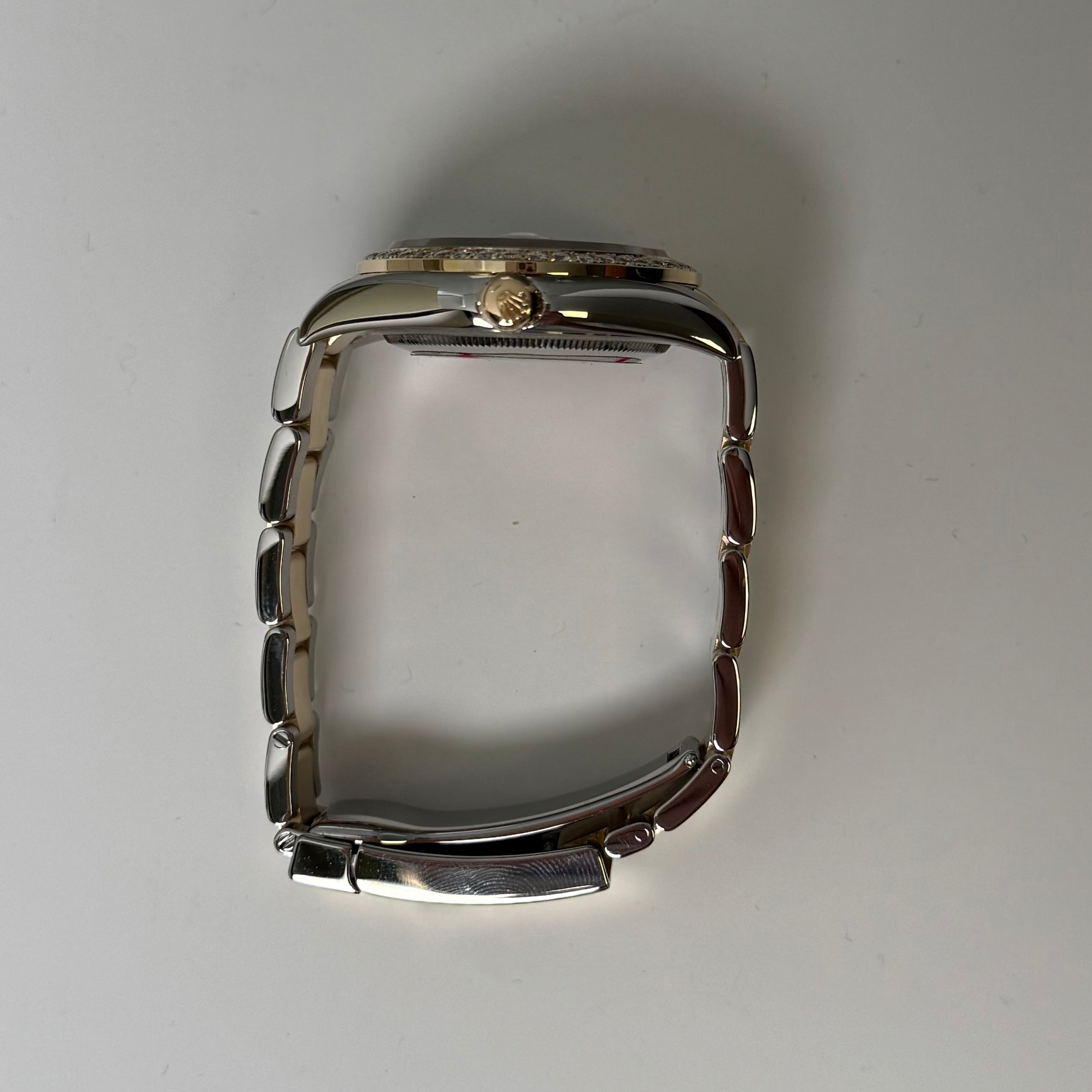 Rolex Unisex Datejust 18KT Yellow Gold & Steel 36mm MOP Diamond Dial Watch Custom Diamond Bezel on Oyster Bracelet - Happy Jewelers Fine Jewelry Lifetime Warranty