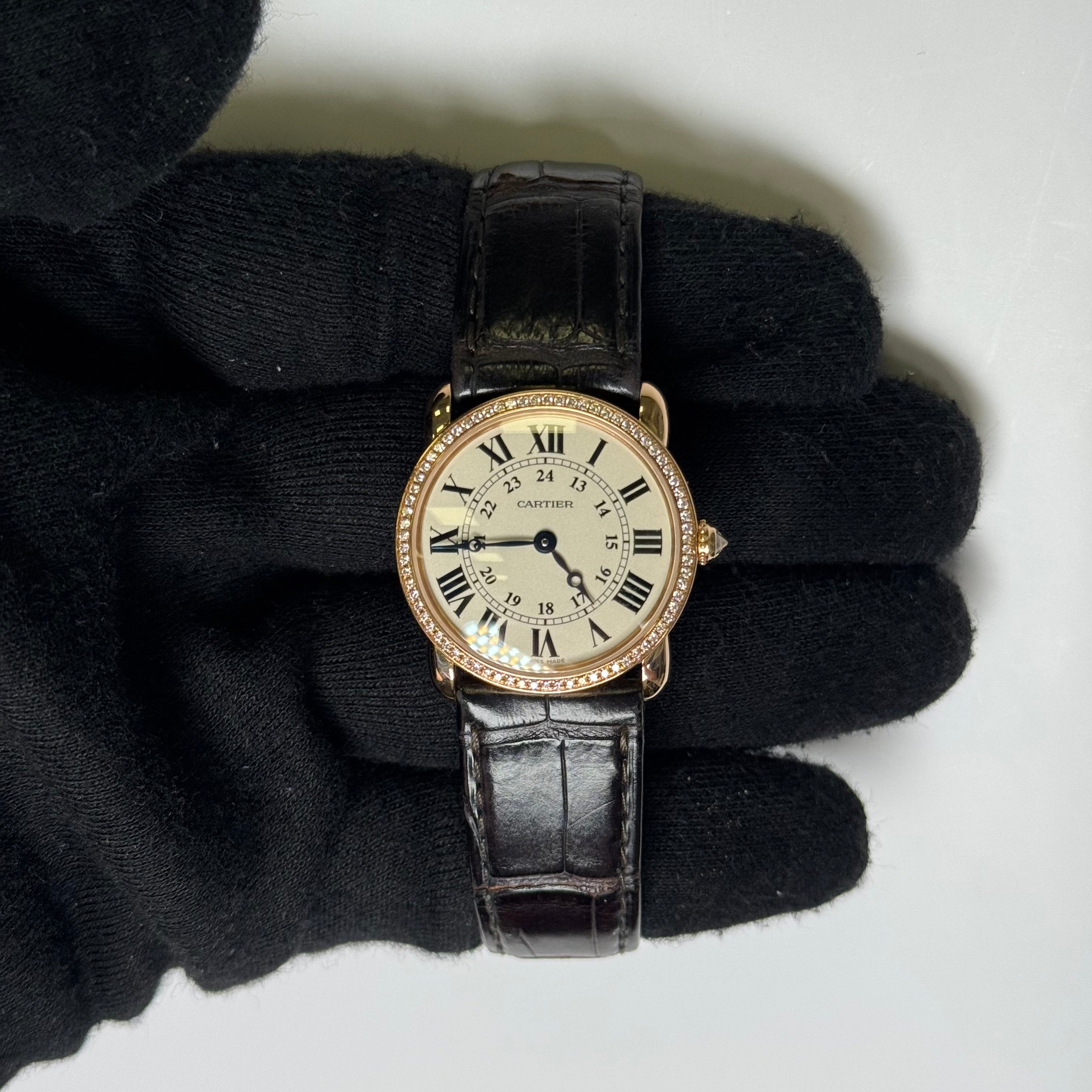 Cartier Ronde Louis 28mm 18K Rose Gold Cream Roman Dial Watch Factory Diamond Bezel With Black Leather Strap REF# 2886 - Happy Jewelers Fine Jewelry Lifetime Warranty