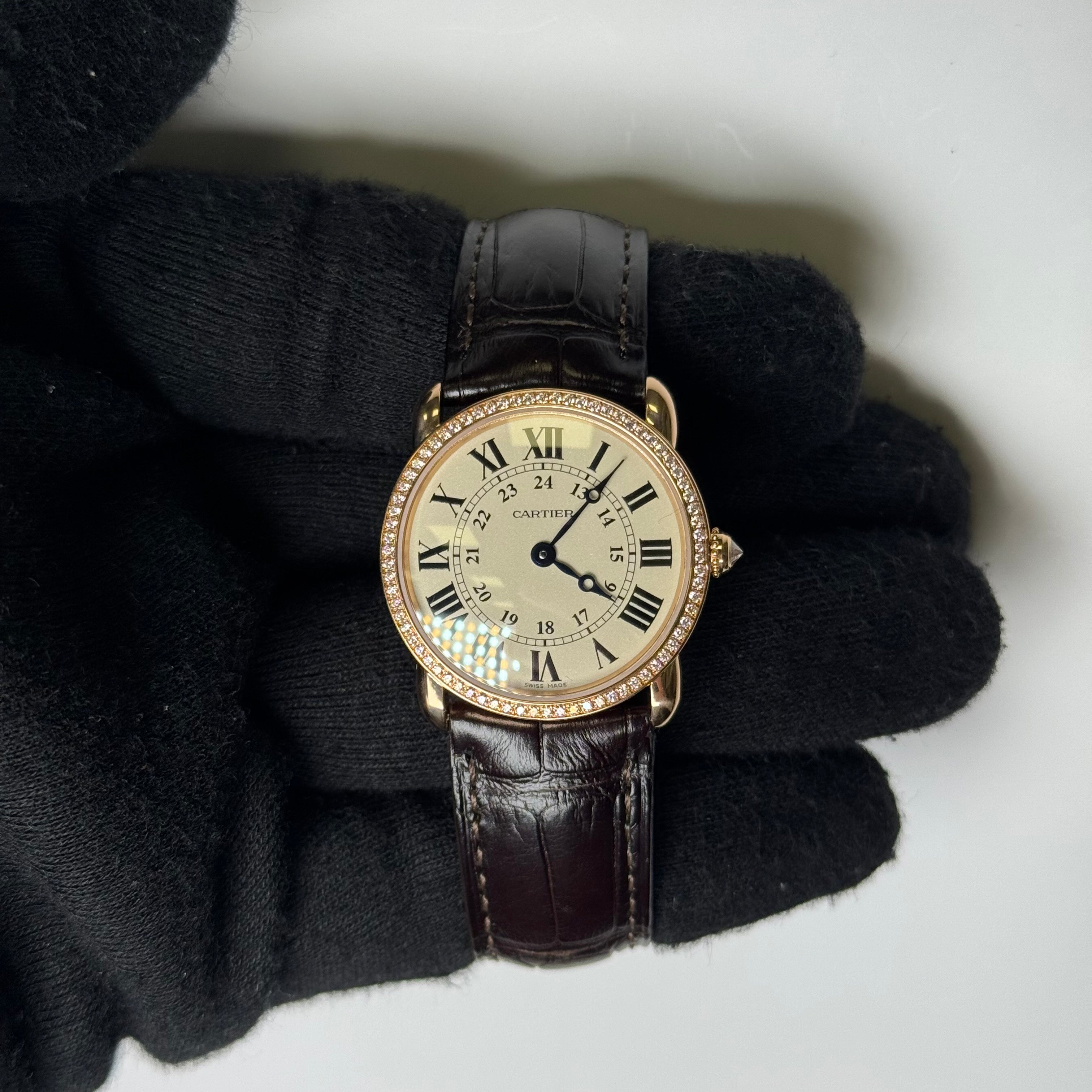 Cartier Ronde Louis 28mm 18K Rose Gold Cream Roman Dial Watch Factory Diamond Bezel With Black Leather Strap REF# 2886 - Happy Jewelers Fine Jewelry Lifetime Warranty