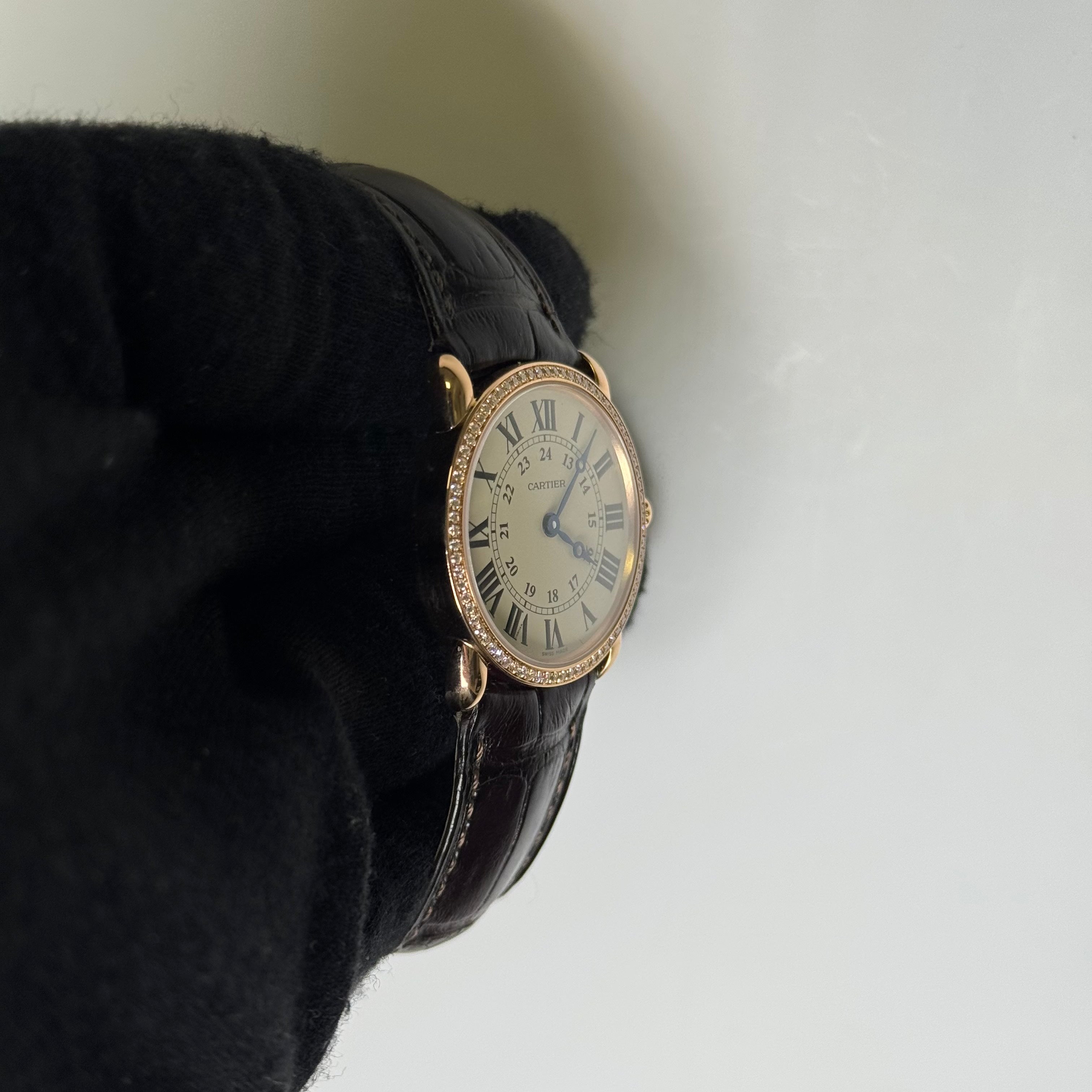 Cartier Ronde Louis 28mm 18K Rose Gold Cream Roman Dial Watch Factory Diamond Bezel With Black Leather Strap REF# 2886 - Happy Jewelers Fine Jewelry Lifetime Warranty