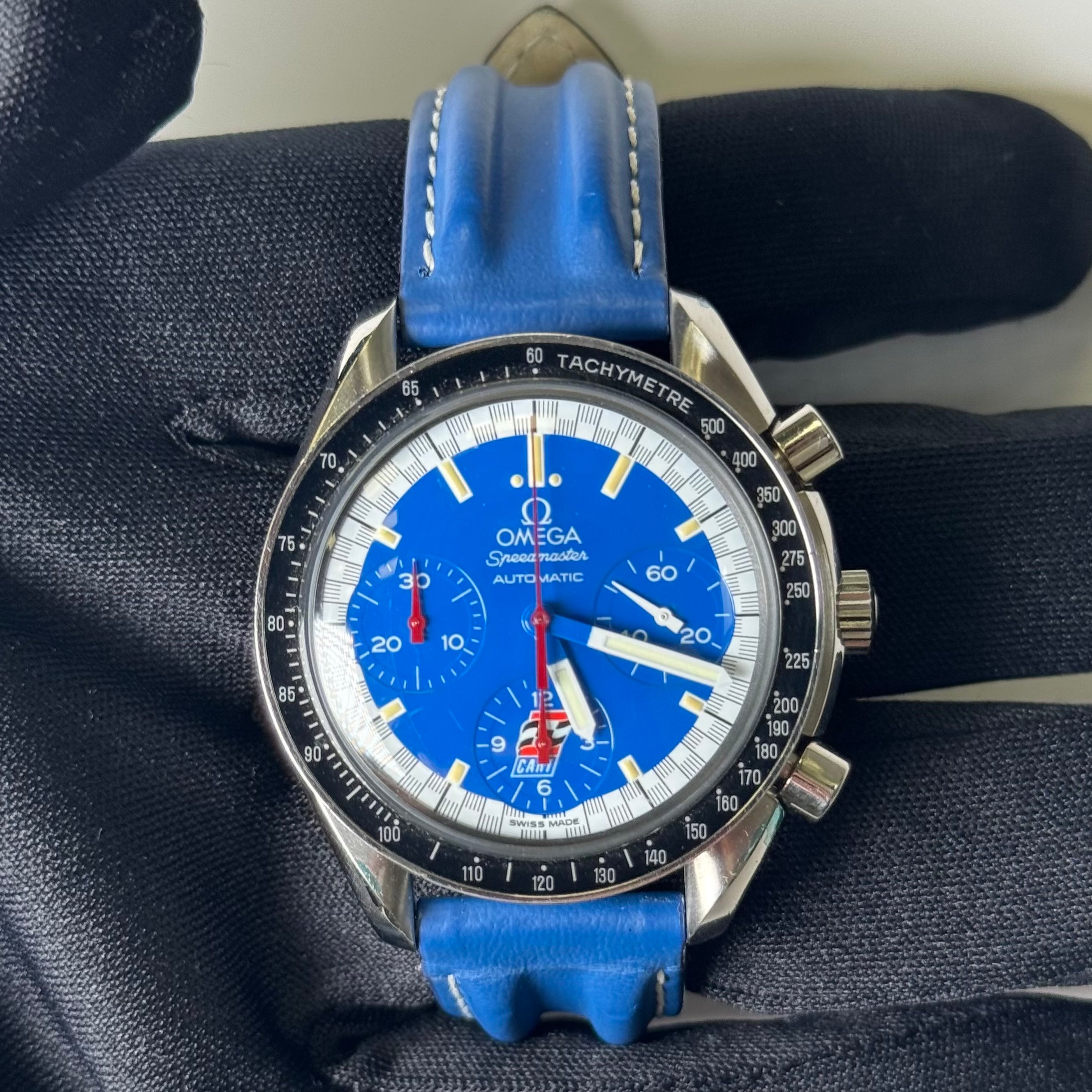 Omega Men's Speedmaster Schumacher Stainless Steel 39mm Blue Chronograph Stick Dial Watch Reference #: 3510.81.00 - Happy Jewelers Fine Jewelry Lifetime Warranty