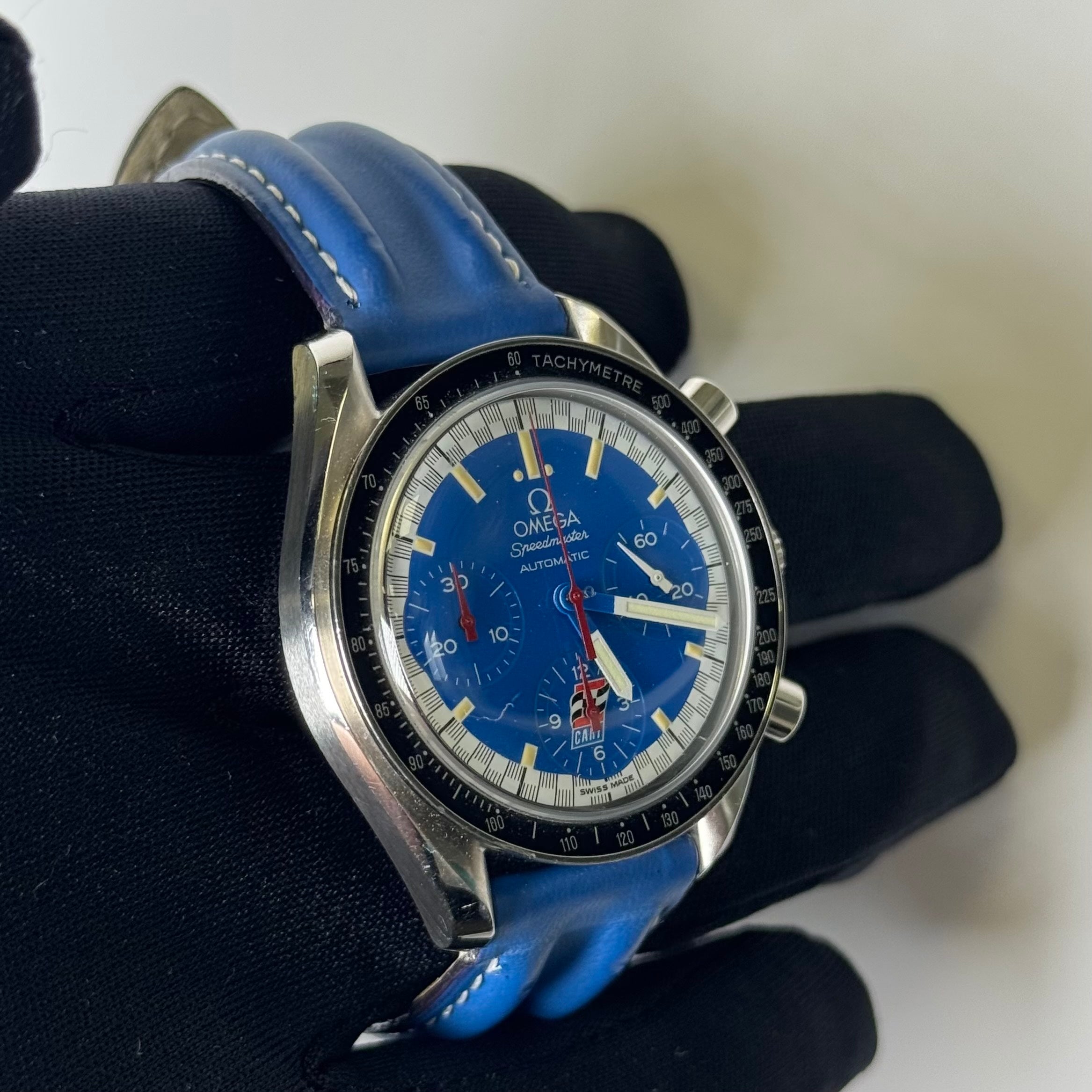 Omega Men's Speedmaster Schumacher Stainless Steel 39mm Blue Chronograph Stick Dial Watch Reference #: 3510.81.00 - Happy Jewelers Fine Jewelry Lifetime Warranty