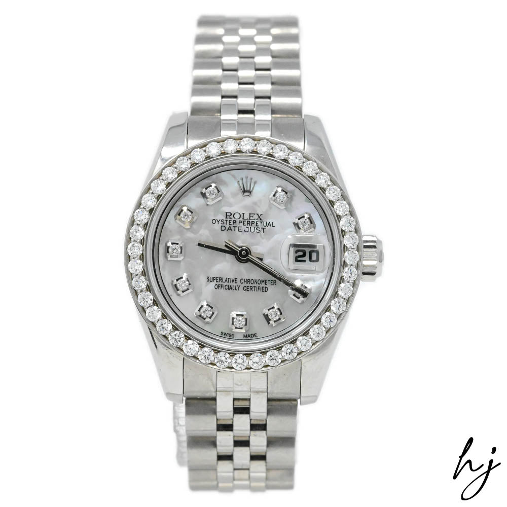 Rolex Datejust Stainlkess Steel 26mm White MOP Diamond Dial Watch Reference #: 179174 - Happy Jewelers Fine Jewelry Lifetime Warranty