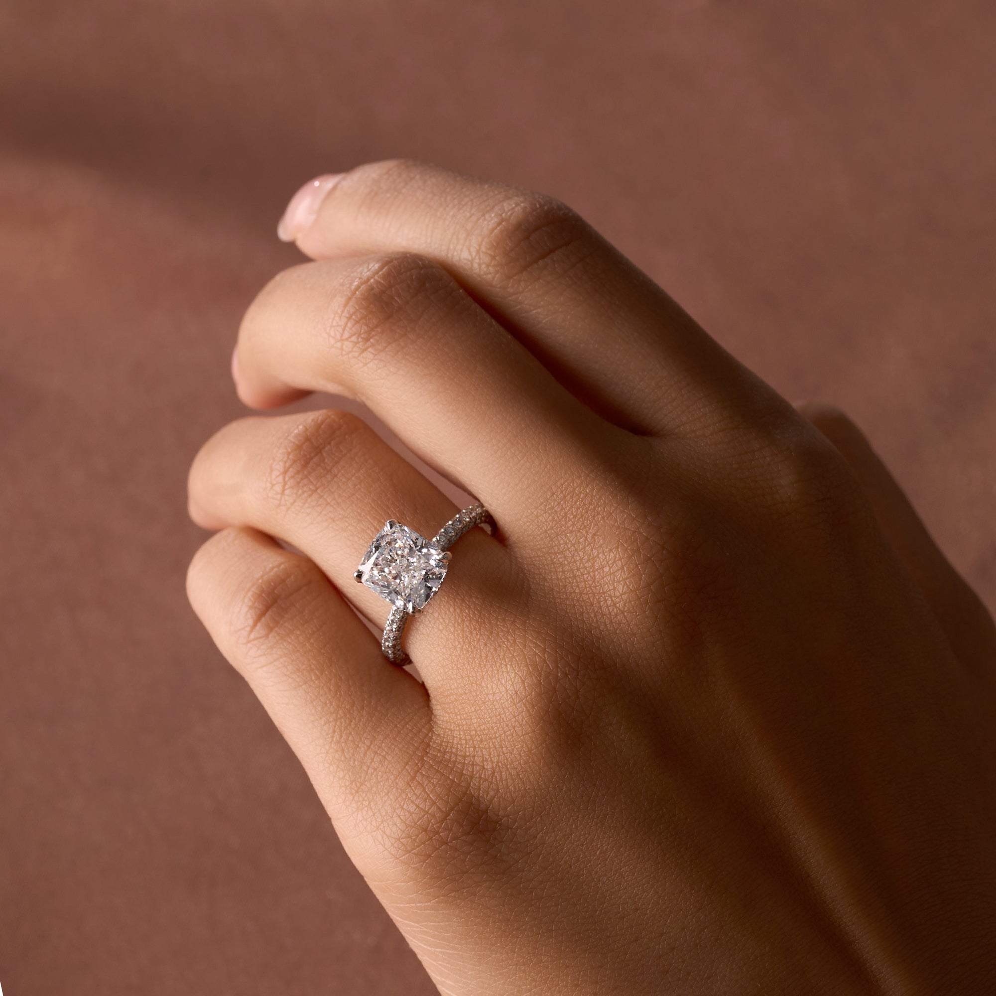3.02 Cushion Hidden Halo Pave Band Engagement Ring