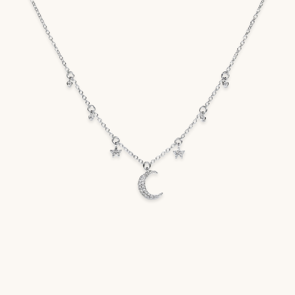 Diamond Moon and Stars Dainty Necklace - Happy Jewelers Fine Jewelry Lifetime Warranty