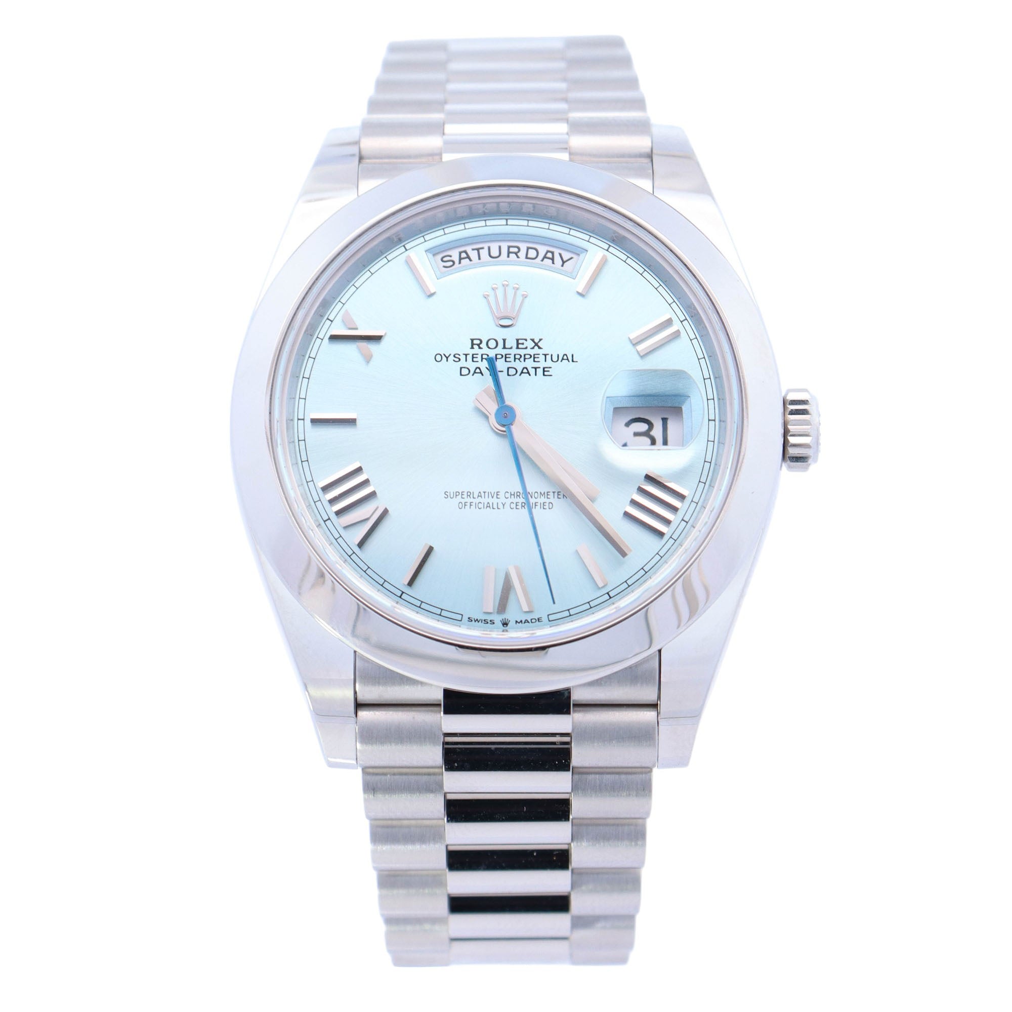 Rolex Day-Date Platinum 40mm Blue Roman Dial Watch Reference# 228206 - Happy Jewelers Fine Jewelry Lifetime Warranty