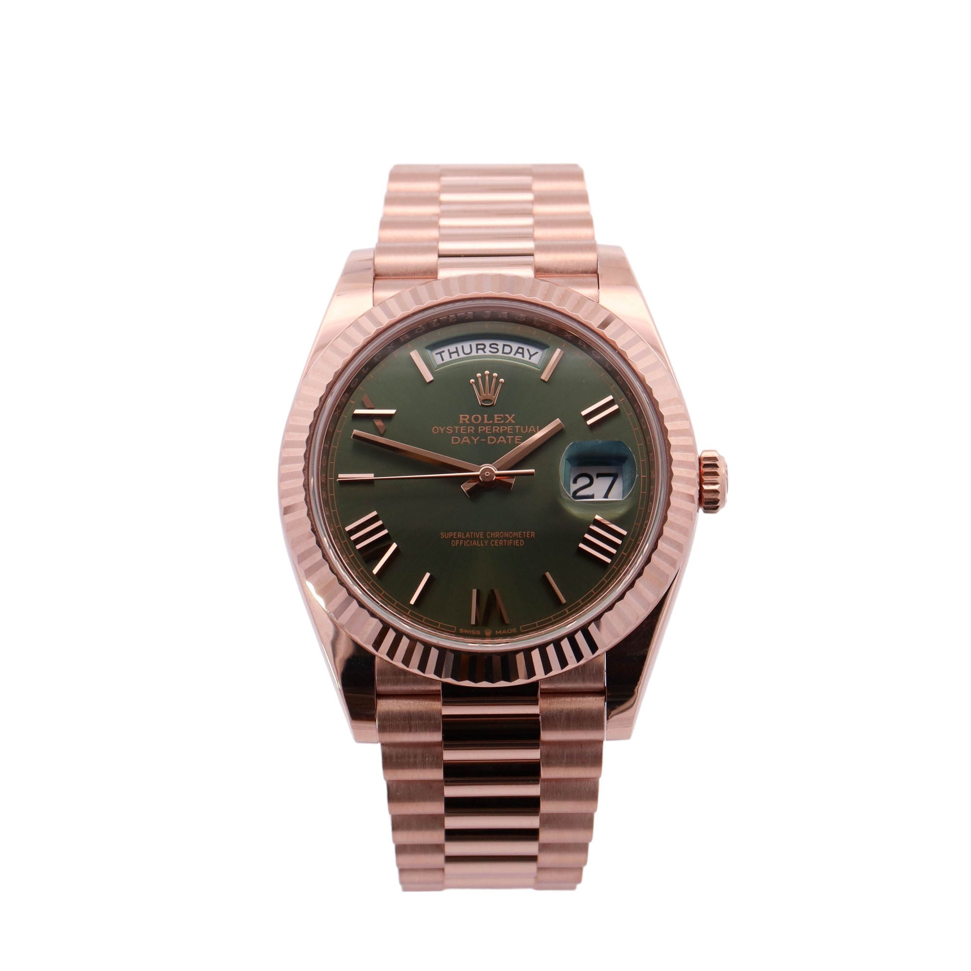 Rolex Day Date 40mm Rose Gold Olive Roman Dial Watch Reference#: 228235 - Happy Jewelers Fine Jewelry Lifetime Warranty