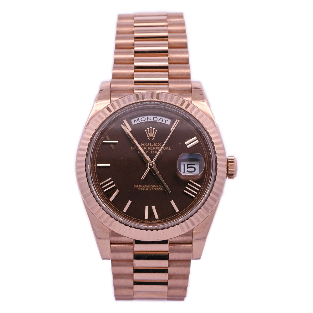 Rolex Day-Date Rose Gold 40mm Chocolate Roman Dial Watch Reference# 228235 - Happy Jewelers Fine Jewelry Lifetime Warranty