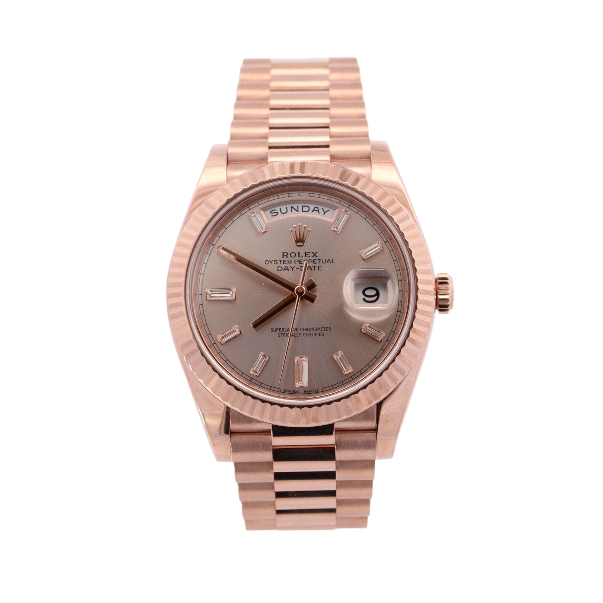 Rolex Day-Date Rose Gold 40mm Sundust Baguette Diamond Dial Watch Reference #: 228235 - Happy Jewelers Fine Jewelry Lifetime Warranty