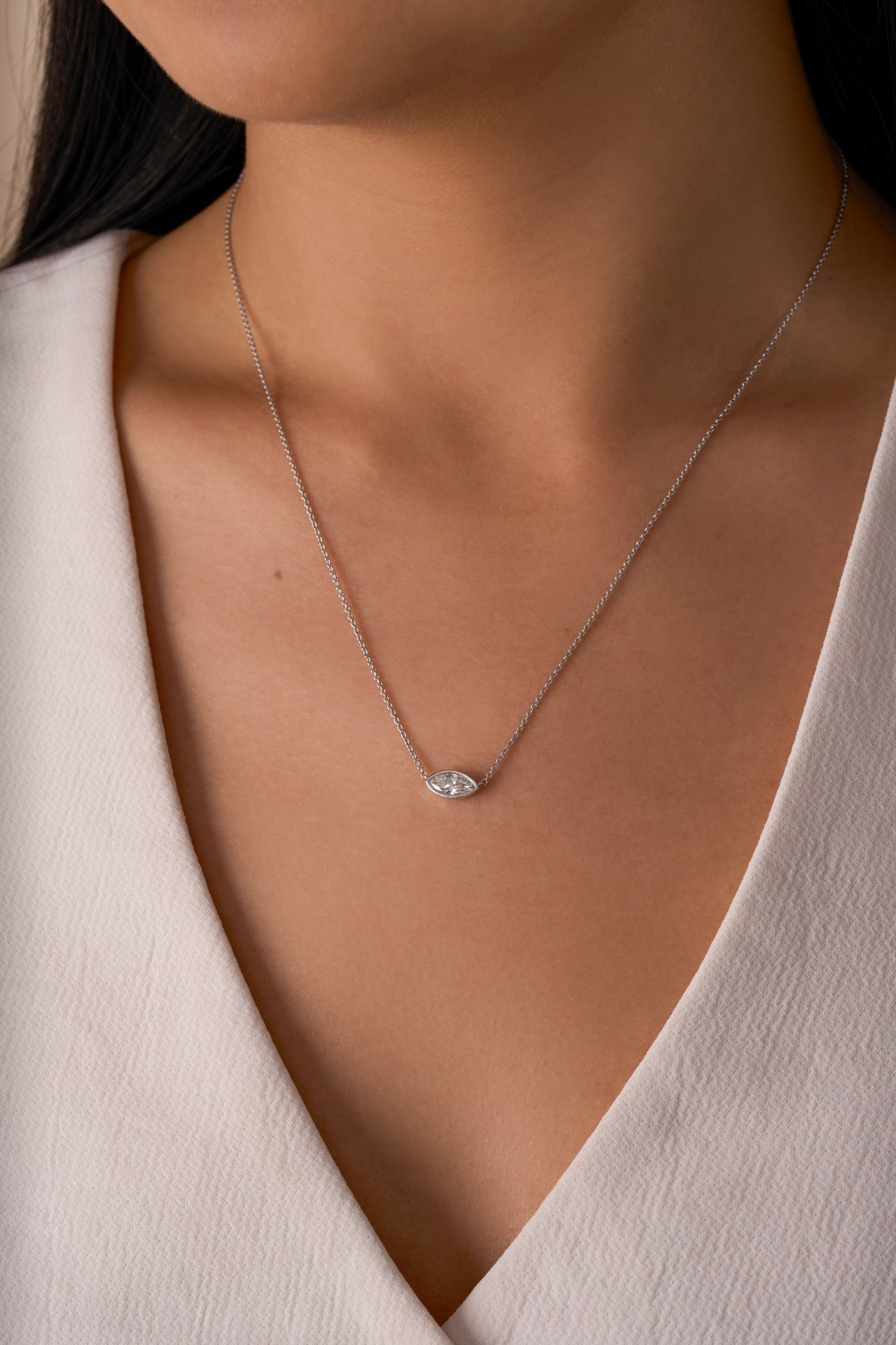 East-West Lab Diamond Marquise Bezel Pendant Necklace - Happy Jewelers Fine Jewelry Lifetime Warranty