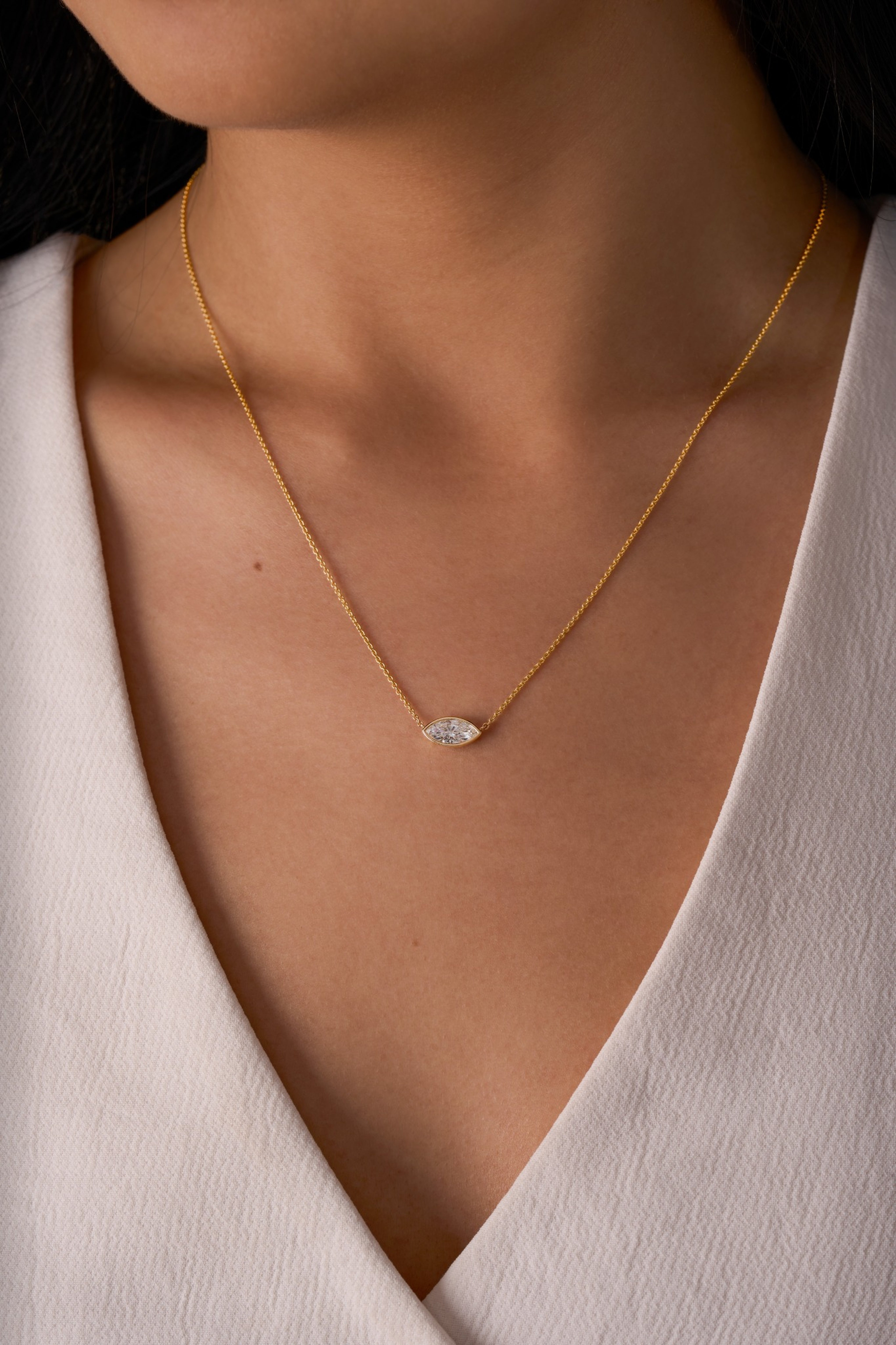 East-West Lab Diamond Marquise Bezel Pendant Necklace - Happy Jewelers Fine Jewelry Lifetime Warranty