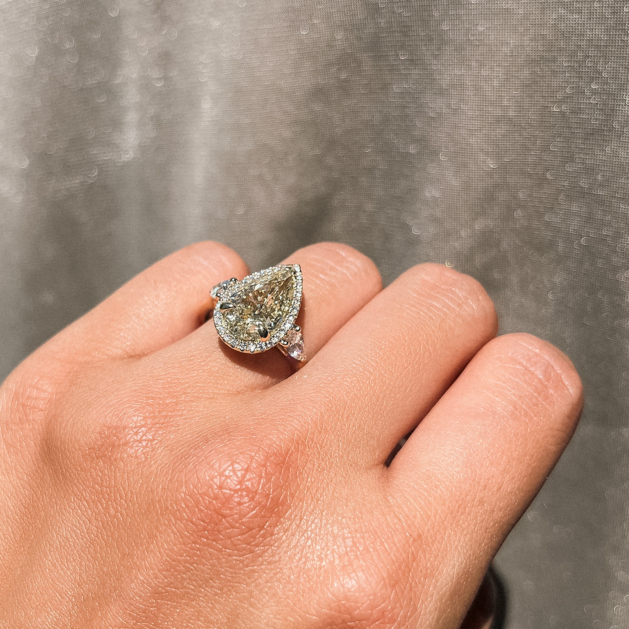 3.08 Pear Yellow Lab Diamond 3 Stone Engagement Ring