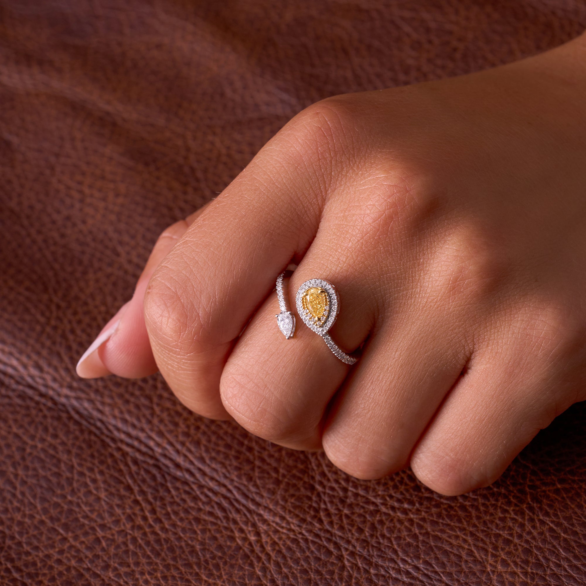 Two Tone Fancy Yellow Pear with Halo Halfway Open Cocktail Ring