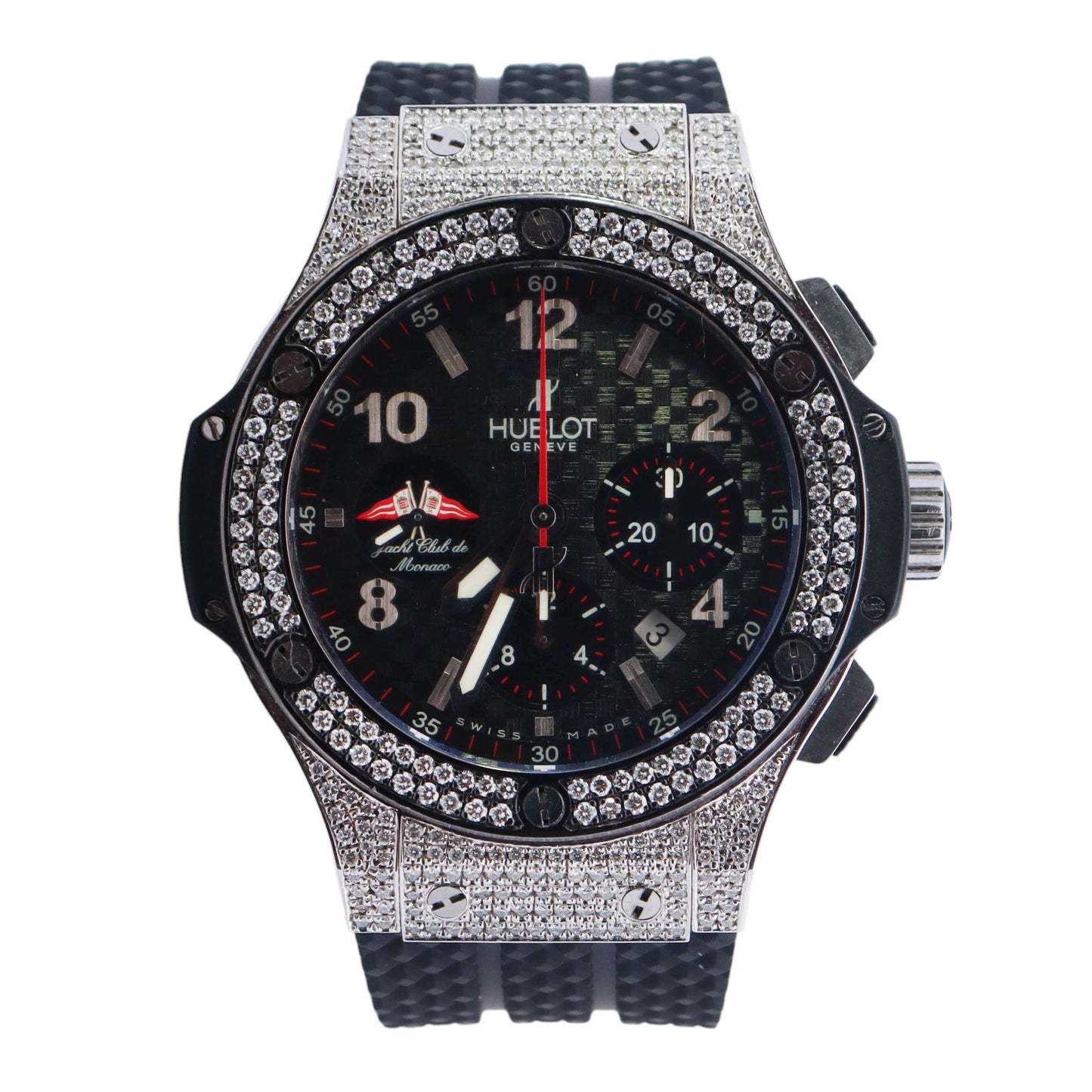 Hublot Big Bang "Tiuga 1909" Edition Stainless Steel w/ Custom Diamond Case 44mm Carbon Arabic & Stick Dial Watch Reference# 301.SX.132.RX - Happy Jewelers Fine Jewelry Lifetime Warranty