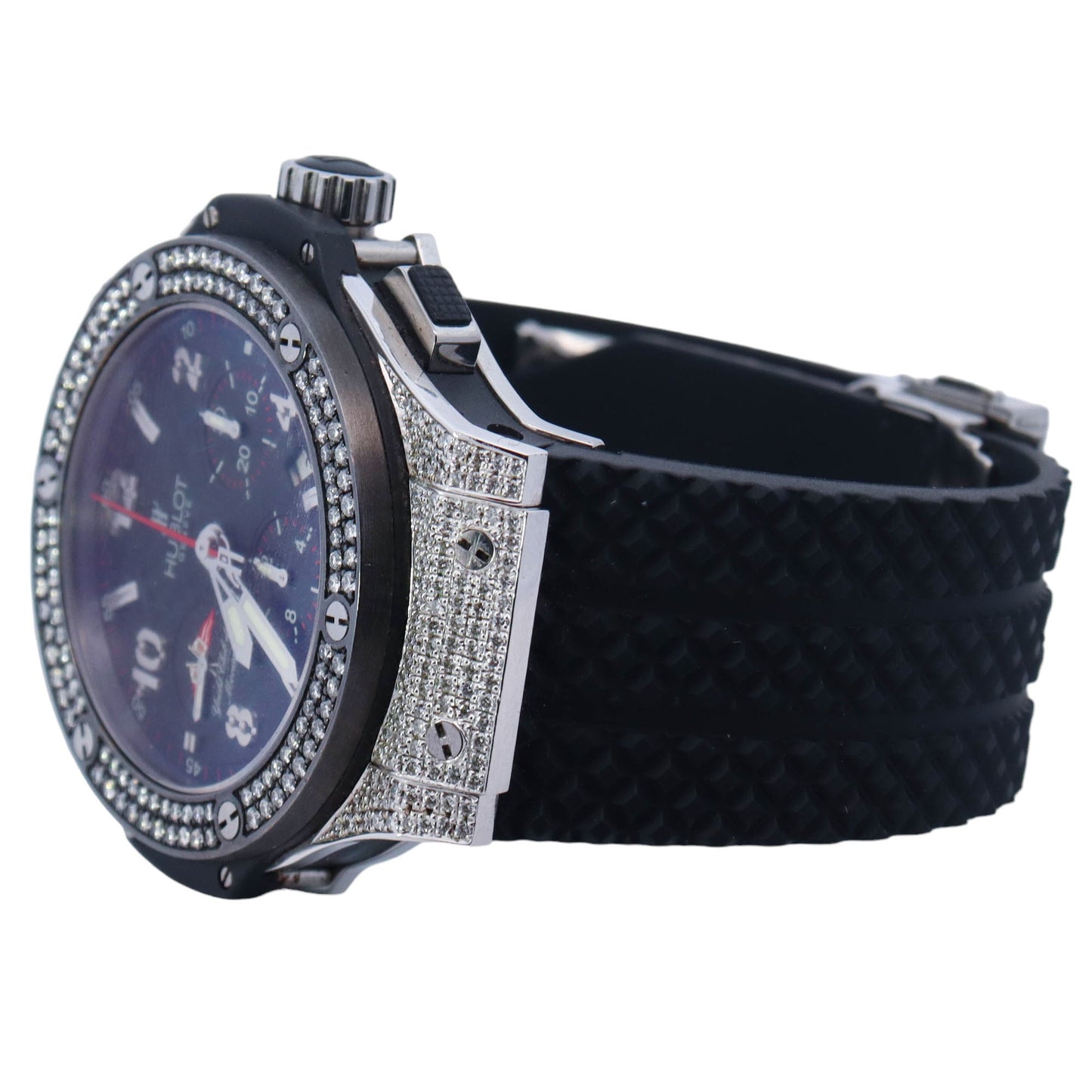 Hublot Big Bang "Tiuga 1909" Edition Stainless Steel w/ Custom Diamond Case 44mm Carbon Arabic & Stick Dial Watch Reference# 301.SX.132.RX - Happy Jewelers Fine Jewelry Lifetime Warranty