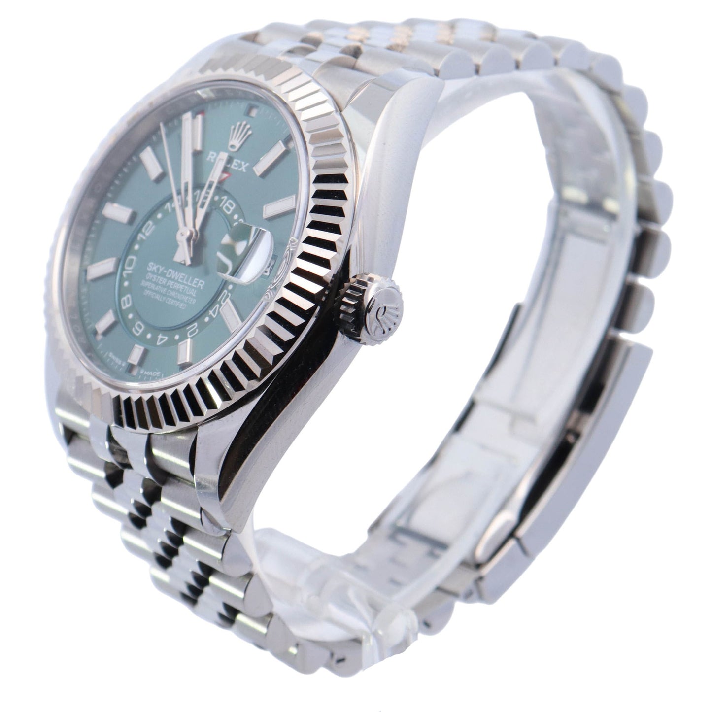 Rolex Sky-Dweller Stainless Steel 42mm Green Olive Stick Dial Watch Reference# 336934 - Happy Jewelers Fine Jewelry Lifetime Warranty