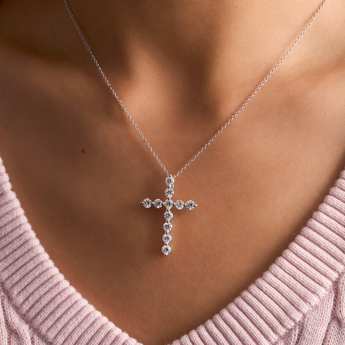 Shared Prong Diamond Cross Pendant