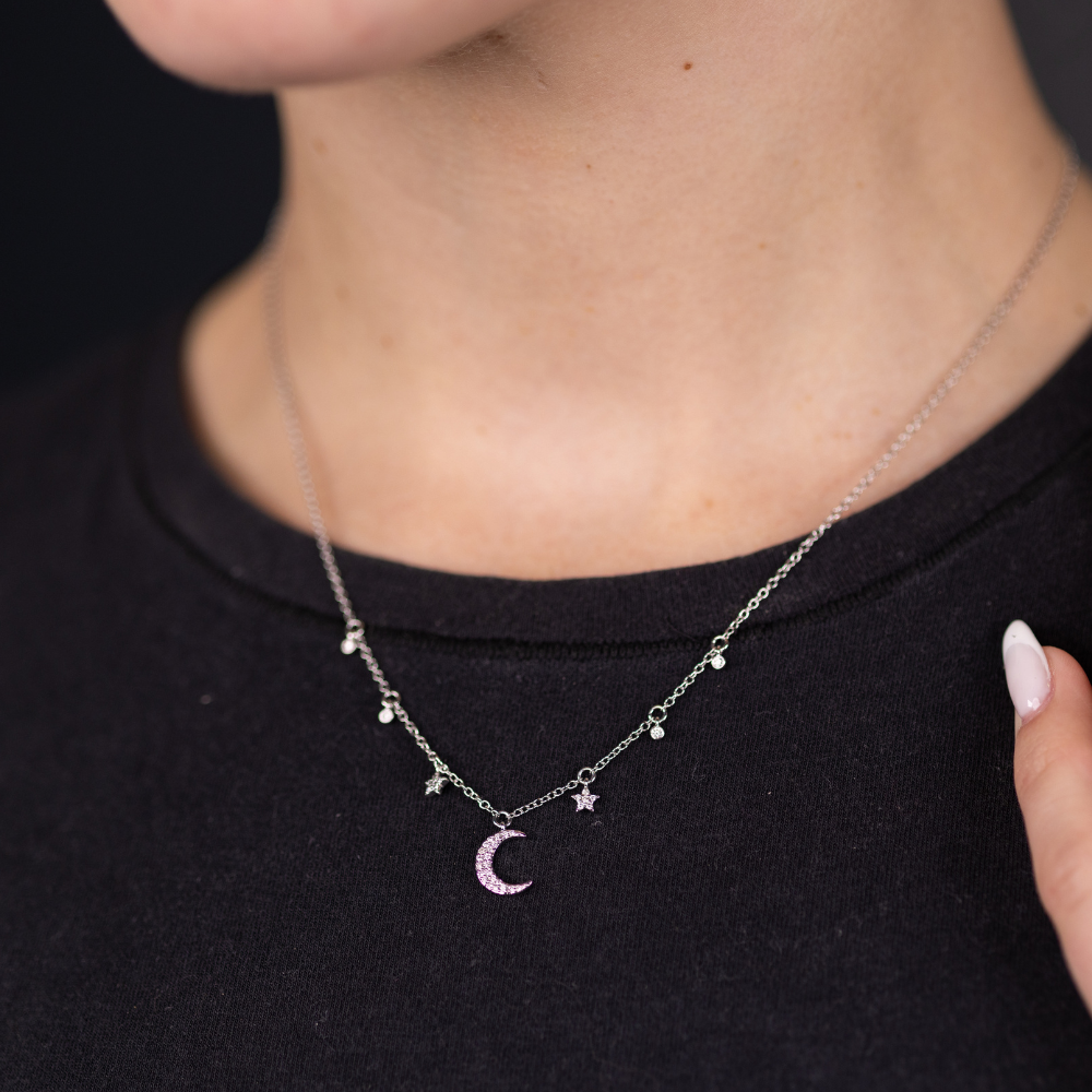 Diamond Moon and Stars Dainty Necklace - Happy Jewelers Fine Jewelry Lifetime Warranty