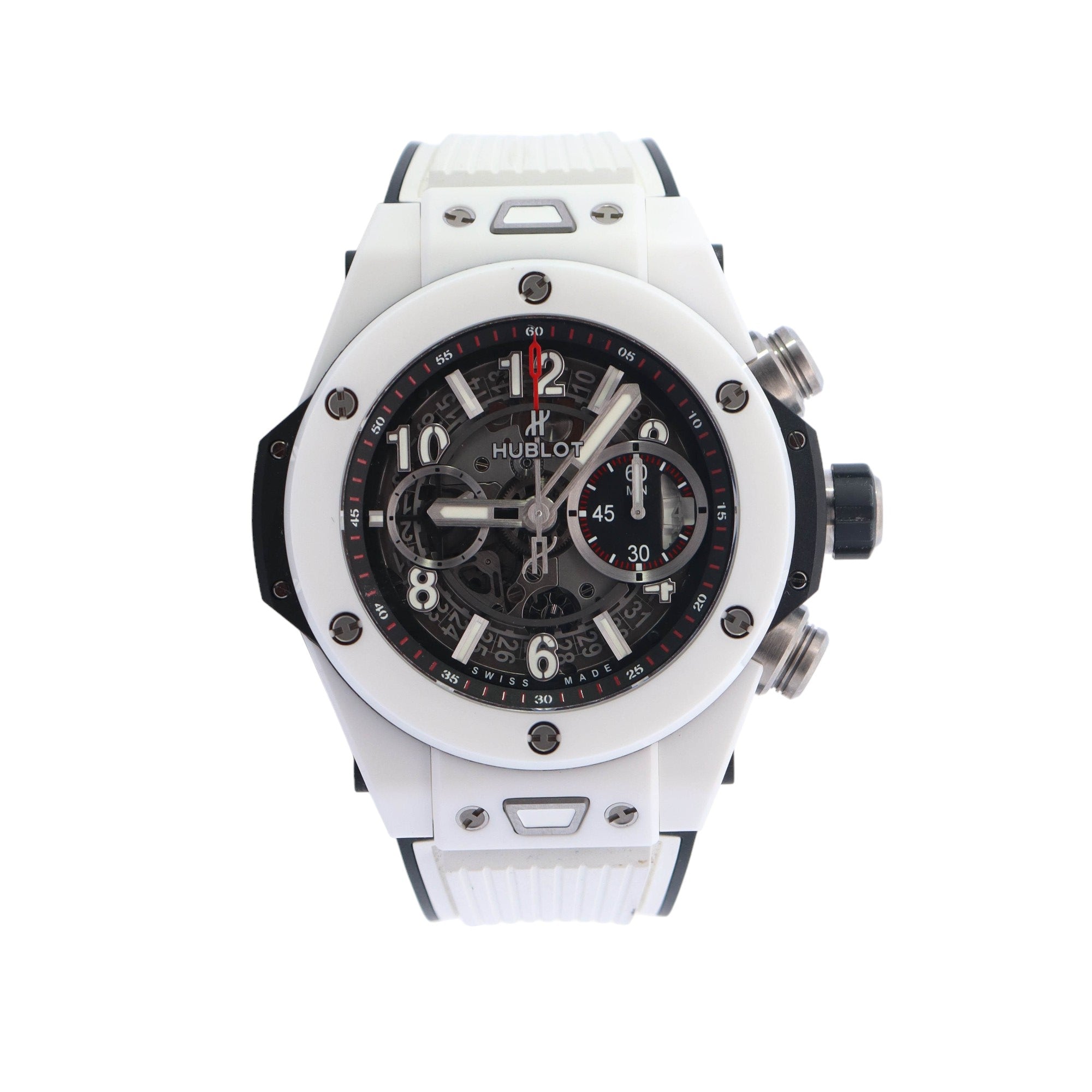 Hublot Big Bang Unico White Ceramic 45mm Skeleton Arabic & Stick Dial Watch Reference# 411.HX.1170.RX - Happy Jewelers Fine Jewelry Lifetime Warranty
