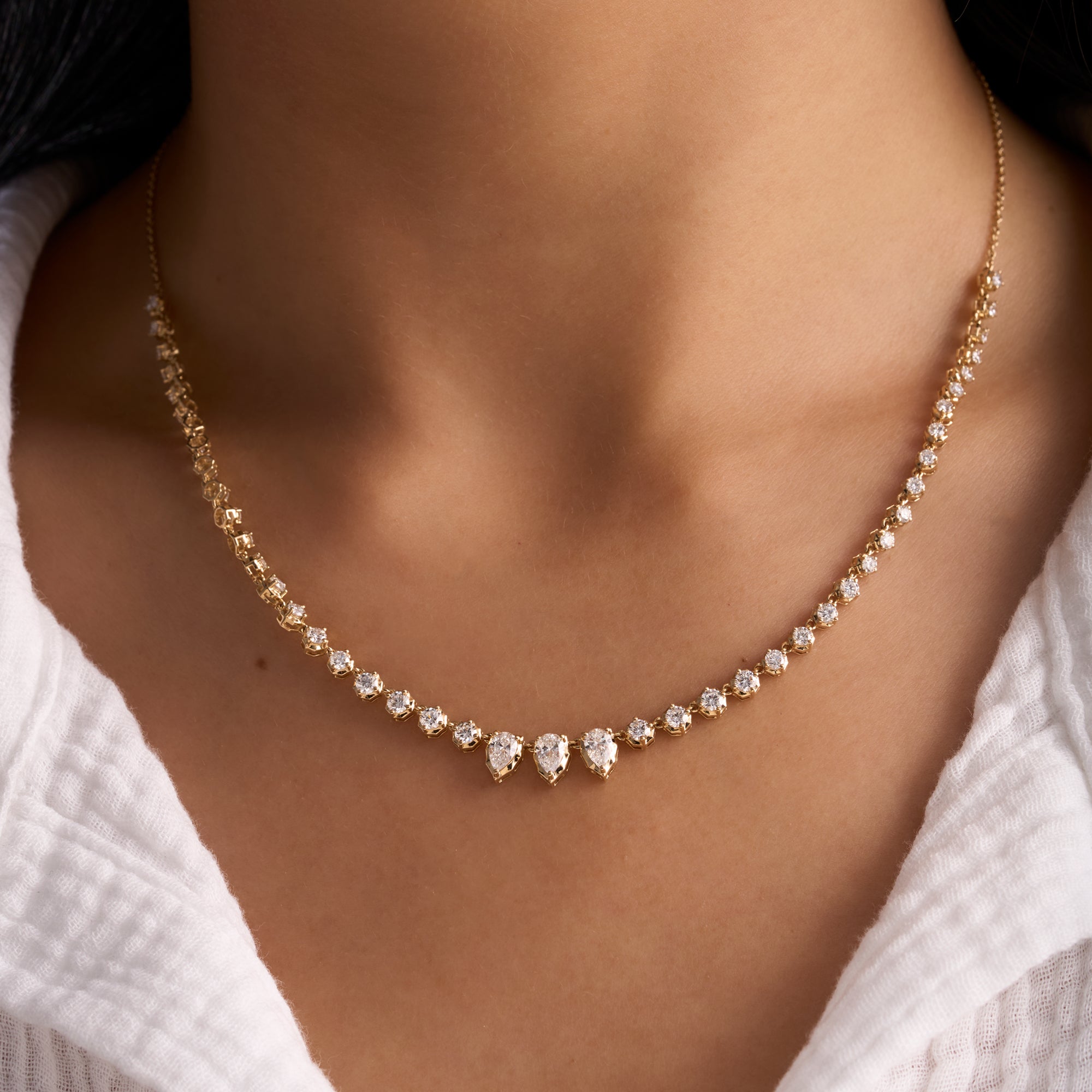 Lab Pear and Round Diamond Graduated Half Tennis Necklace