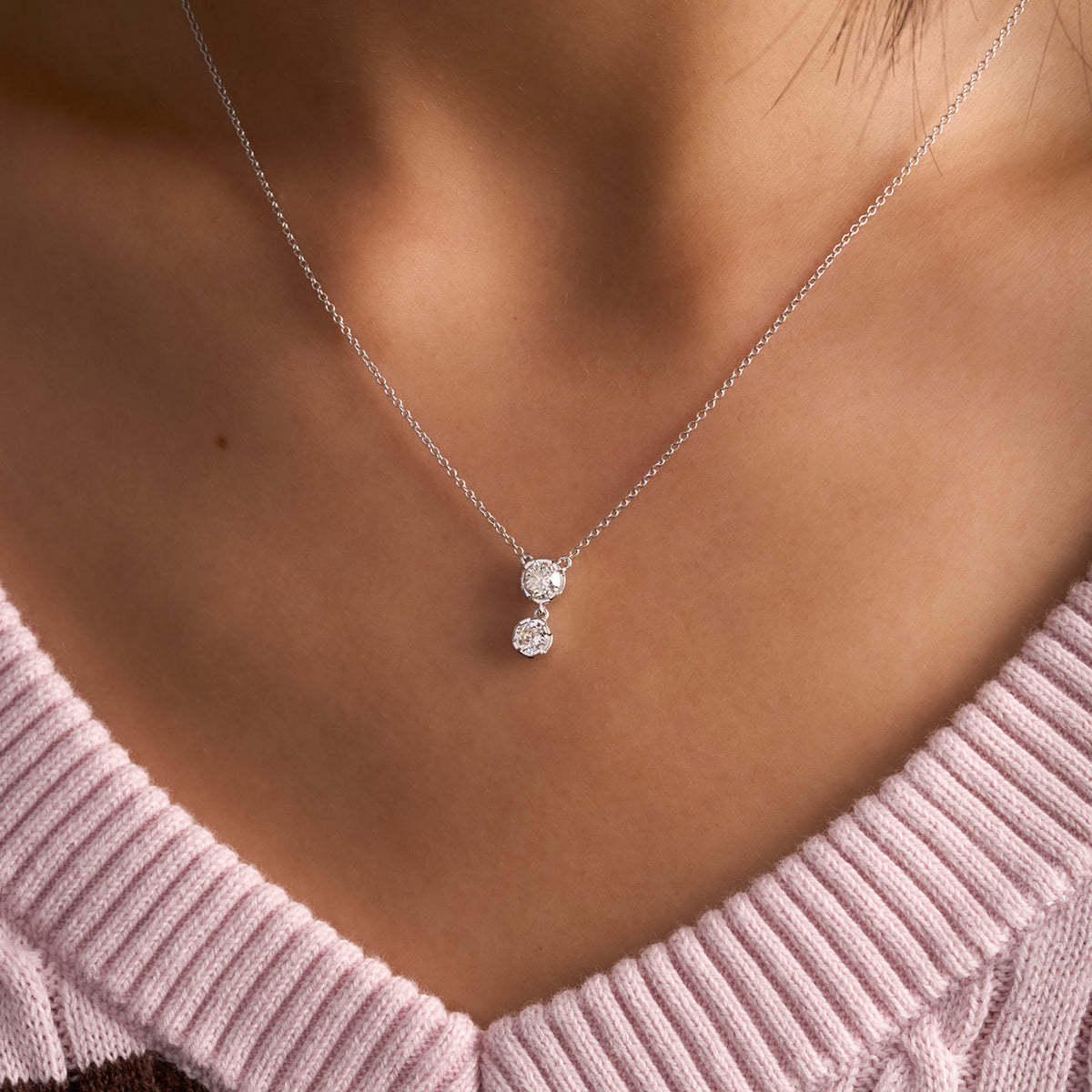 Bezel Set Round Double Dangling Diamond Pendant