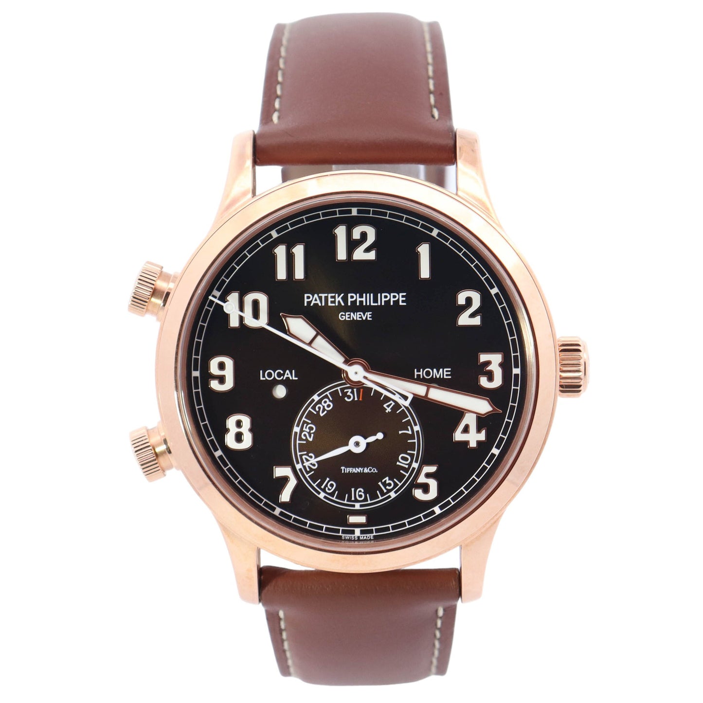 Patek Philippe Calatrava Travel Time Tiffany & Co Stamped Rose Gold 42mm Chocolate Arabic Dial Watch Reference# 5524R-001 - Happy Jewelers Fine Jewelry Lifetime Warranty