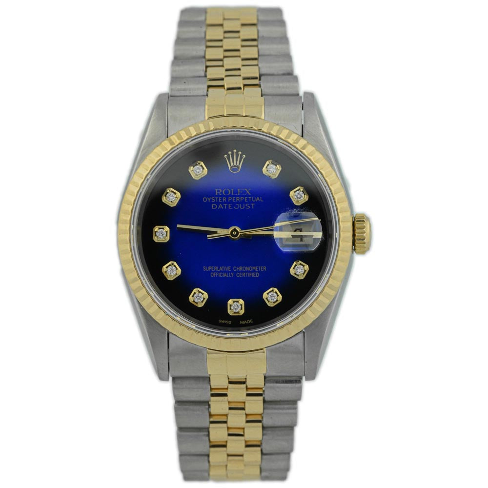 Rolex Datejust Two Tone Yellow Gold & Steel 36mm Blue Diamond Dial Watch Reference #: 16233 - Happy Jewelers Fine Jewelry Lifetime Warranty