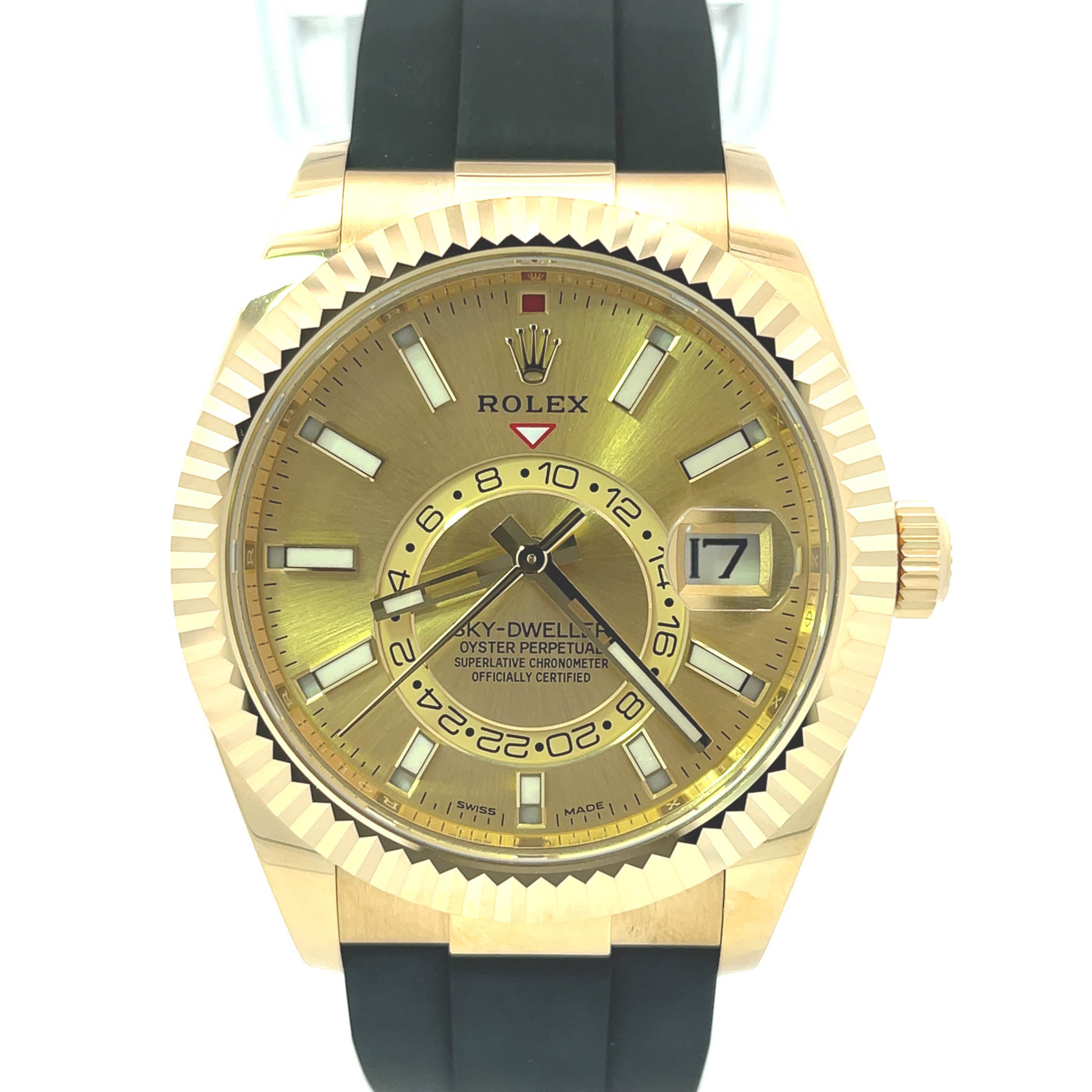 Rolex Sky Dweller Yellow Gold 42mm Champagne Stick Dial Watch Reference# 326238 - Happy Jewelers Fine Jewelry Lifetime Warranty